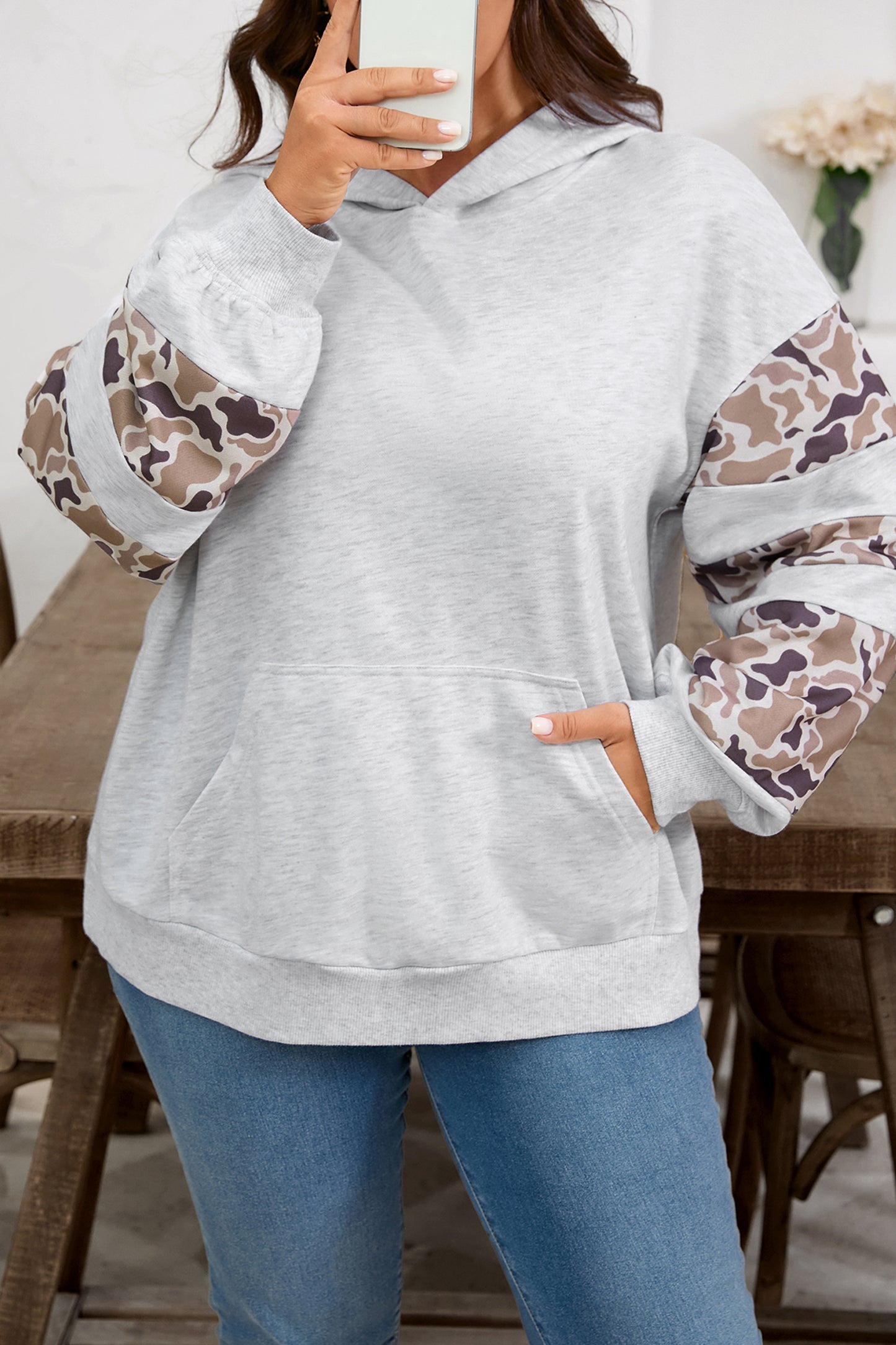 Camo Patchwork Asymmetric Sleeve Hoodie | Plus Size | Light Grey | 1X–4X