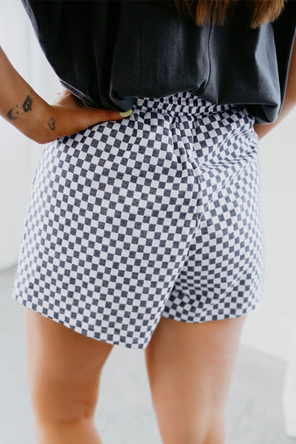 Checkerboard Lace-Up High Waist Shorts | Plus Size | Grey | 1X–4X