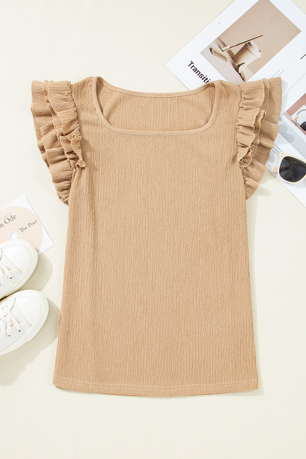 Smoke Gray Ruffled Tiered Sleeve Square Neck Textured Top – Women's Stretchy Everyday Top (S–XL)