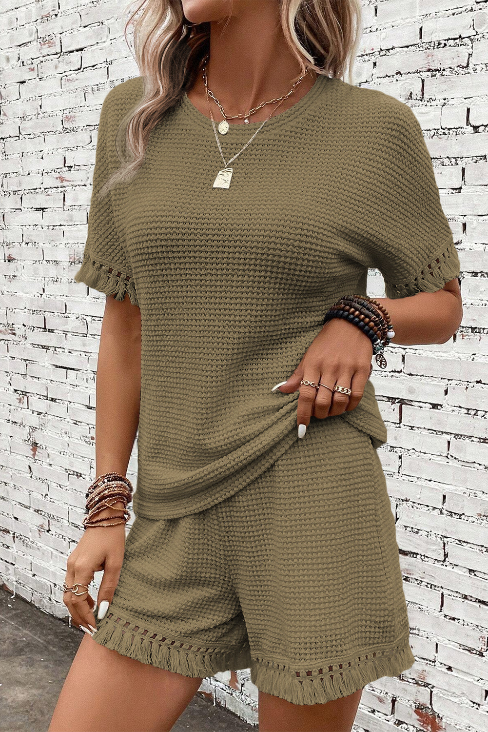 Green Fringe Trim Textured Waffle Knit Tee Shorts Set