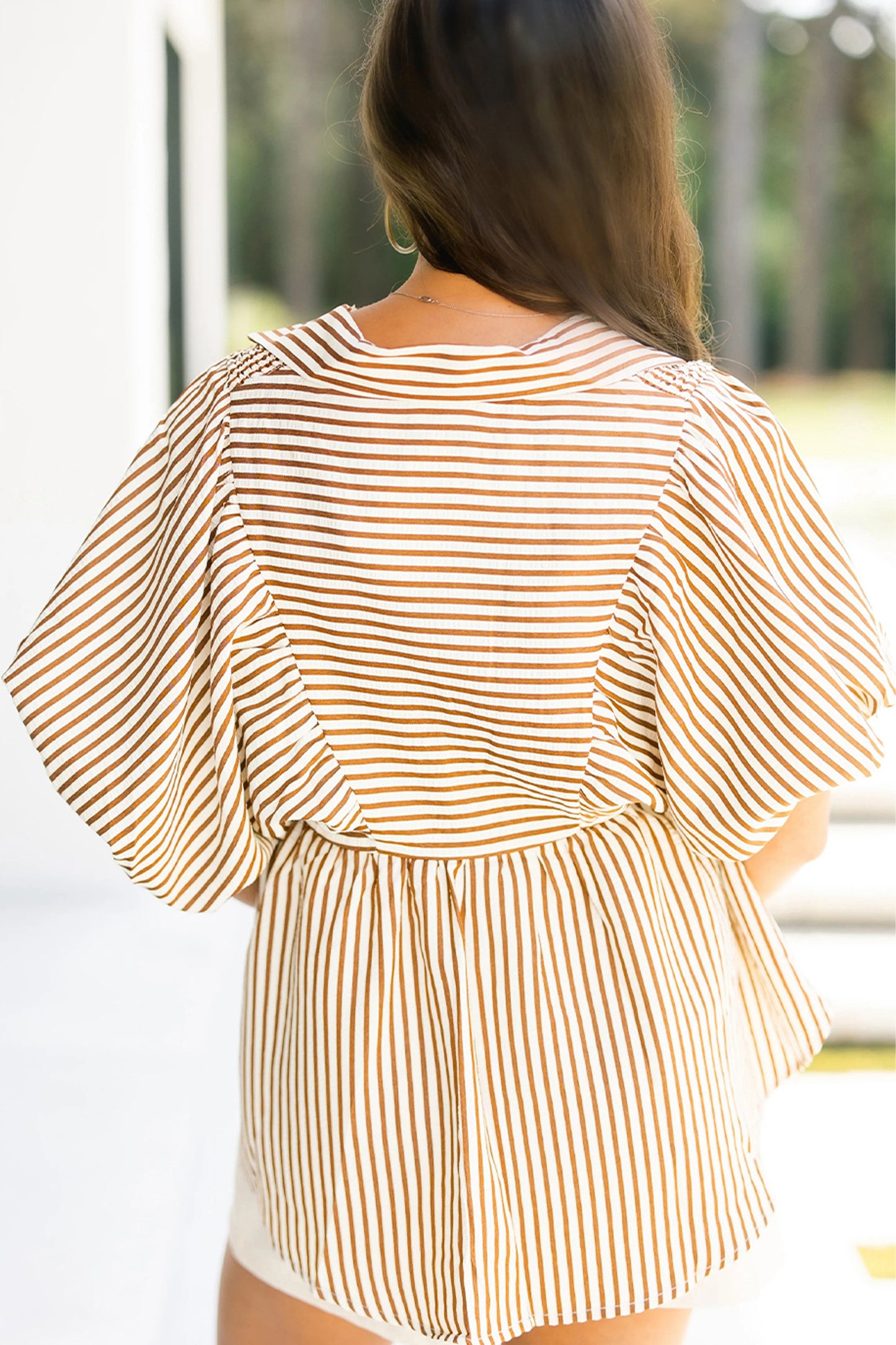 Striped Shirred V-Neck Blouse with Puff Sleeves | Brown