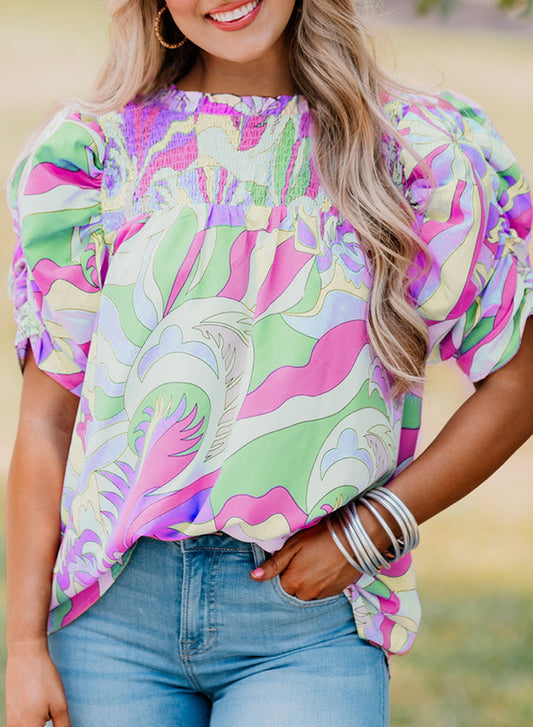 Mint Green Abstract Print Bubble Sleeve Smocked Neckline Blouse | S–XL