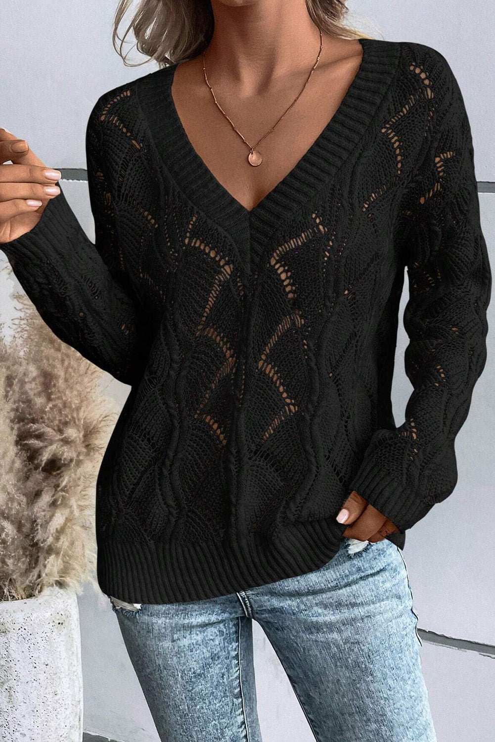 Hollow-Out Knit V-Neck Drop Shoulder Sweater | Black