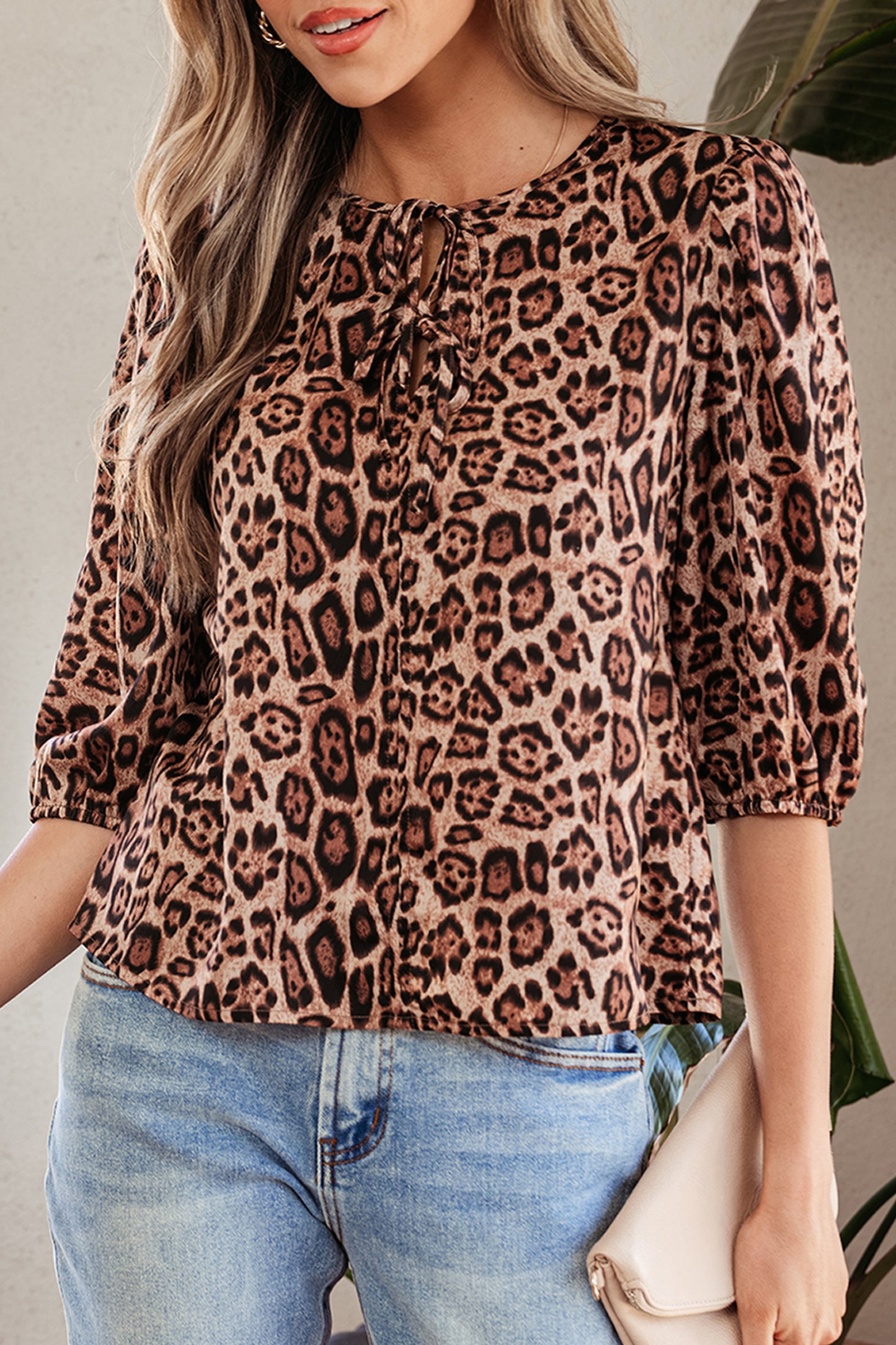 Brown Leopard Print Bow Tie Puff Sleeve Blouse