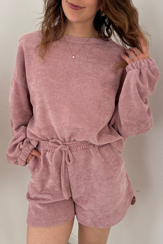 Textured Knit Drop Shoulder Pullover & Drawstring Shorts Set