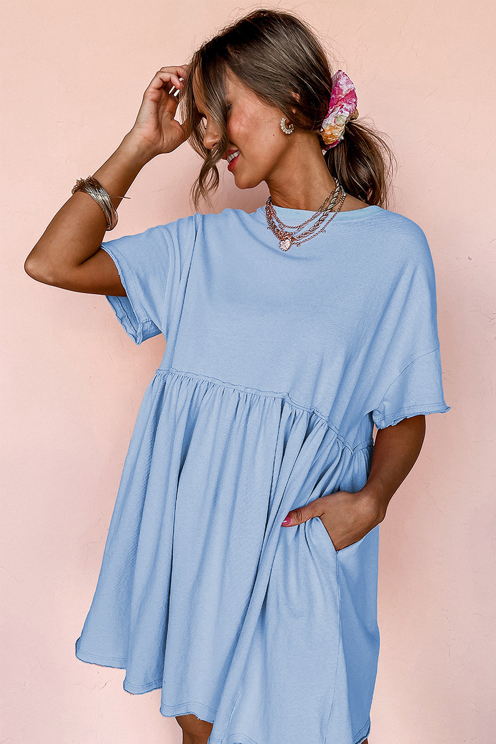 Solid Color Pocketed Raw Edge Babydoll Mini Dress