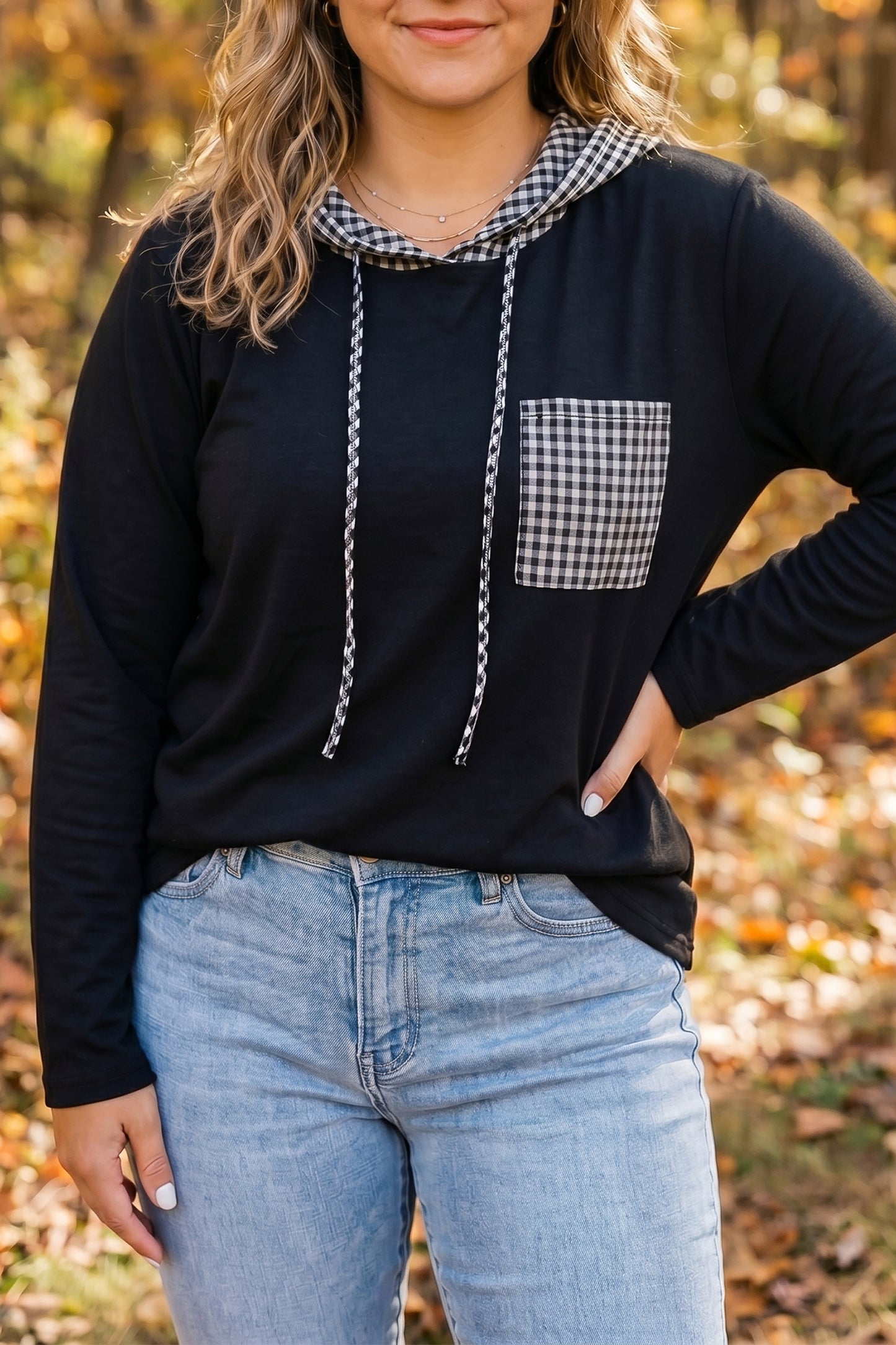 Women's Plus Size Black Hooded Checkered Print Long Sleeve Shirt 1X to 4X