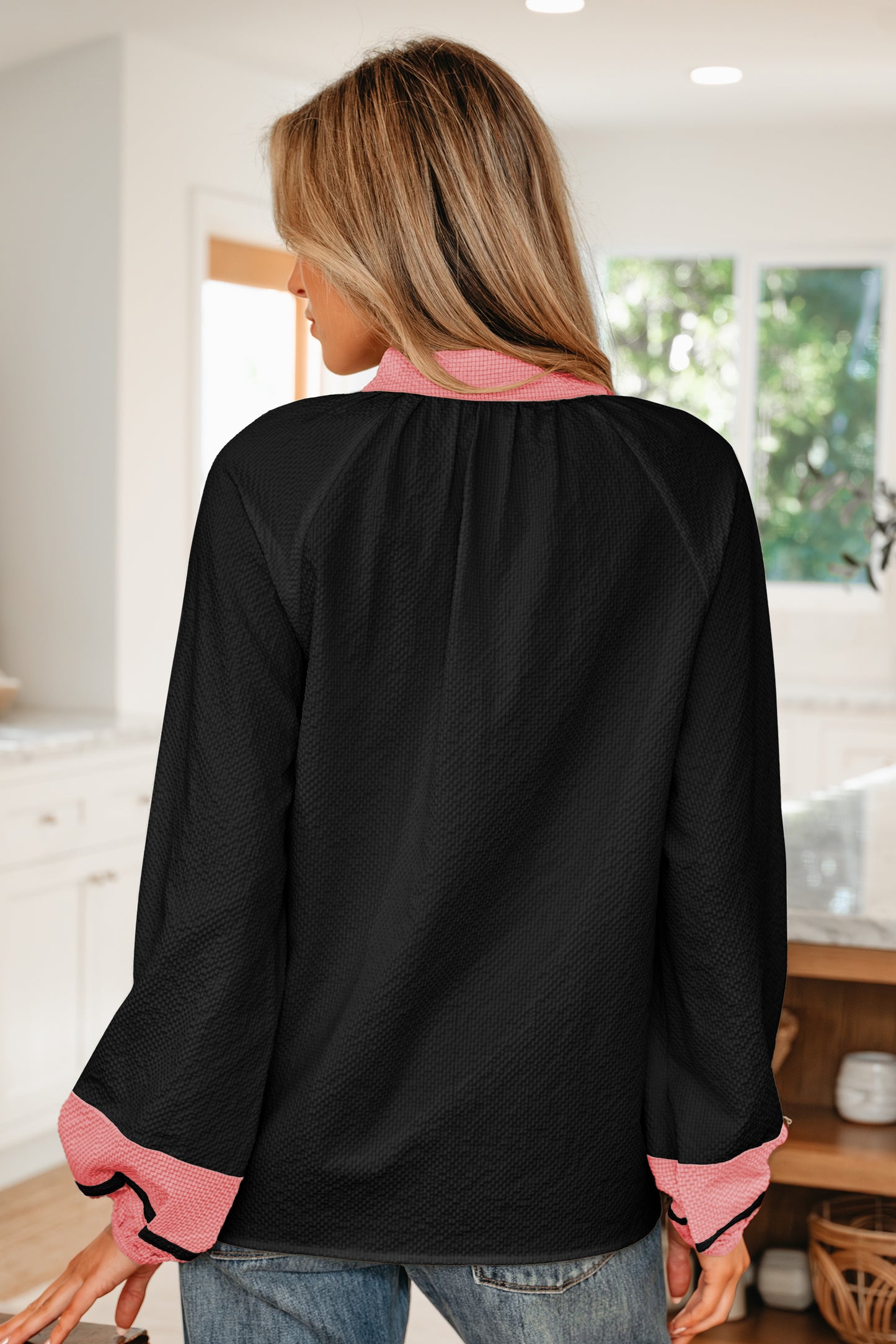 Color Block Patchwork Puff Sleeve V-Neck Blouse