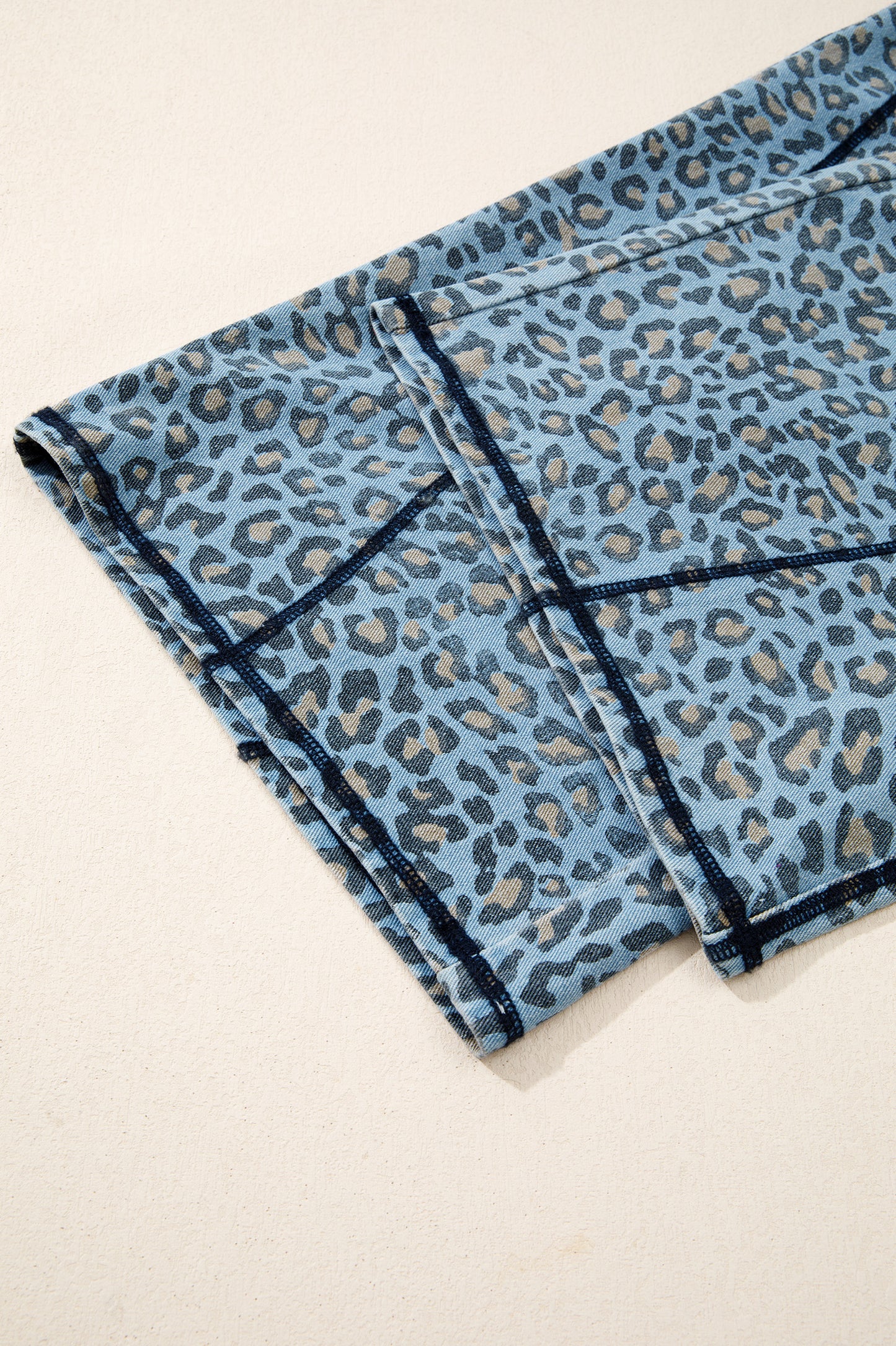 Leopard Print Wide Leg Drawstring Jeans in Blue