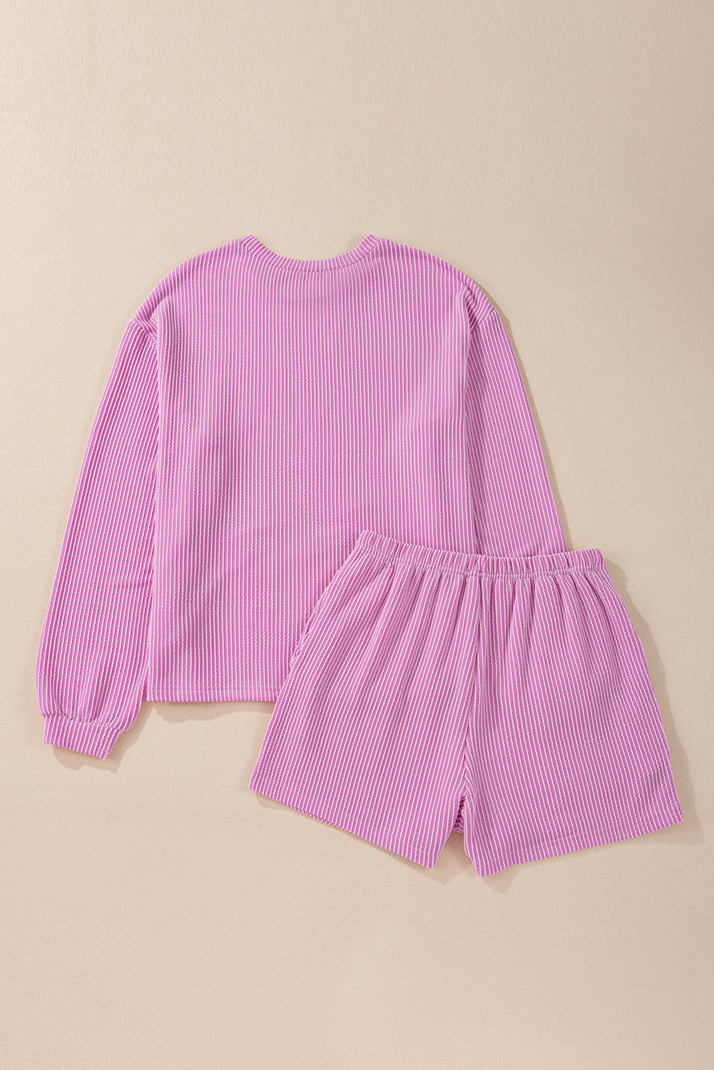 Corded Knit Long Sleeve Top High Waist Shorts Set