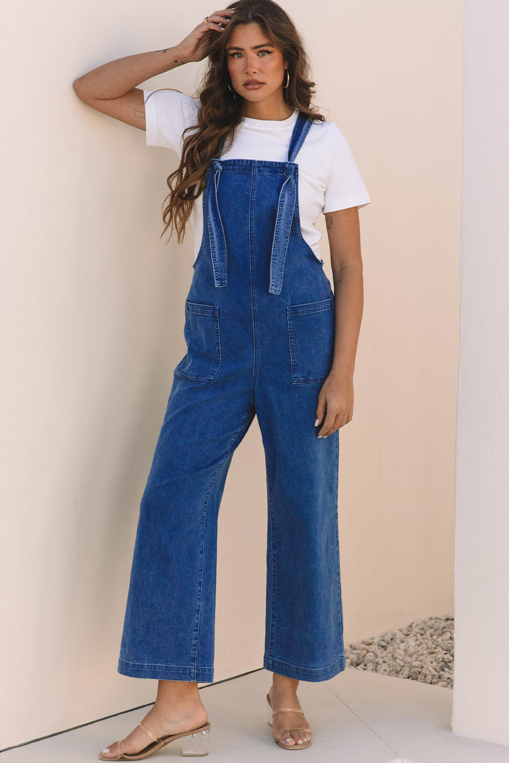 Dark Blue Mineral Wash Wide Leg Denim Overalls
