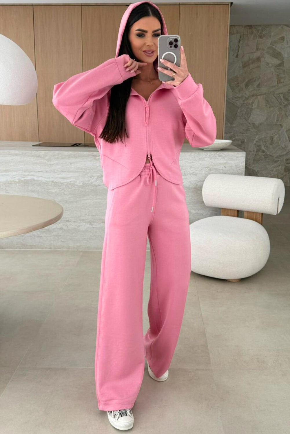 Zip-Up Hoodie & Drawstring Pants Tracksuit Set in Pink