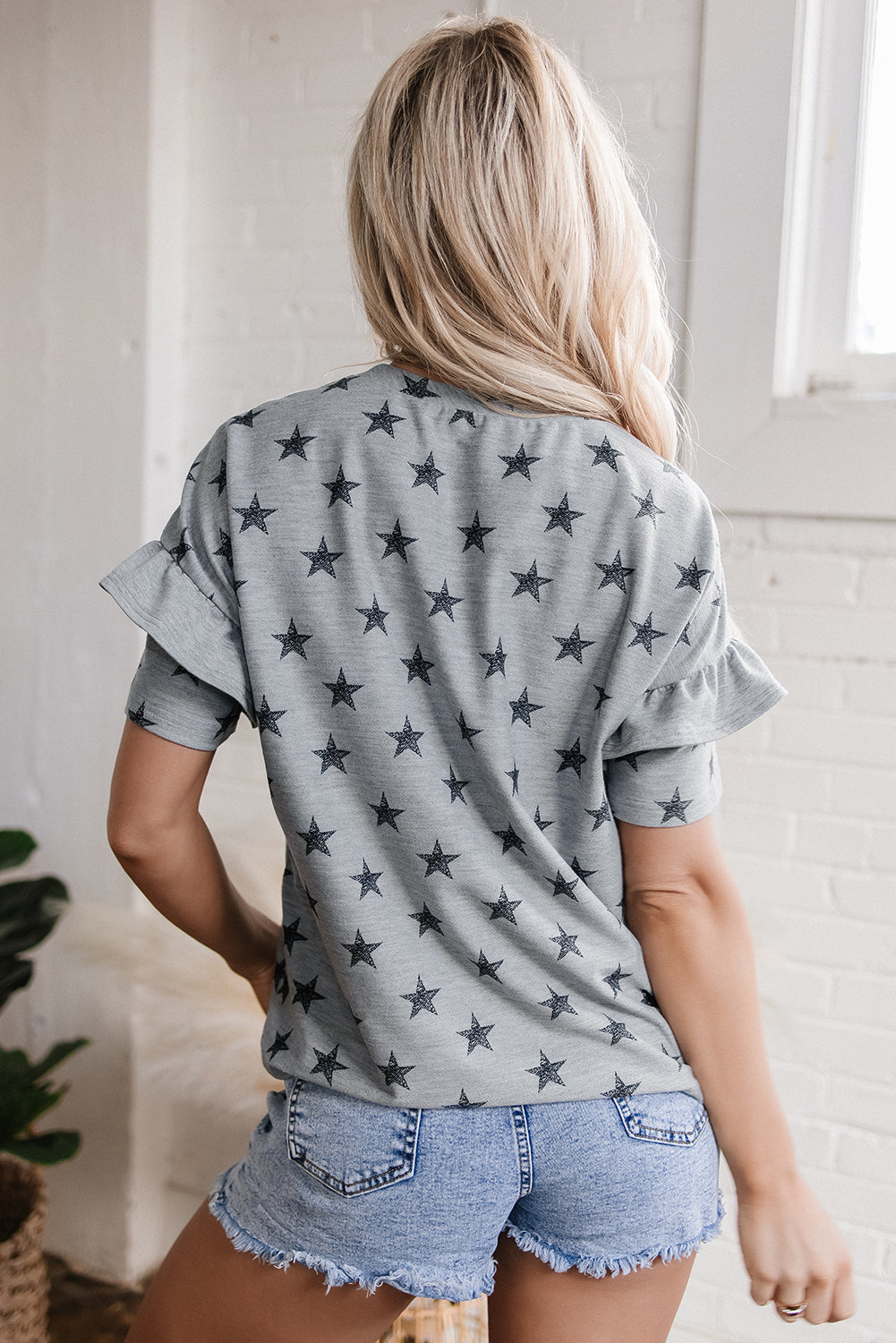 Star Print Tiered Ruffled Sleeve Crew Neck Top – Women's Whimsical Casual Tee (S–XL)