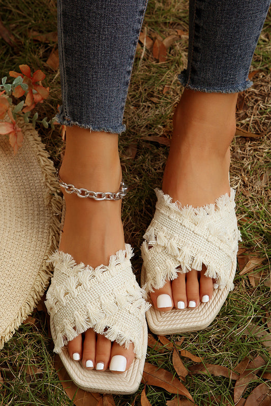 Beige Tassel Woven Crisscross Strap Flat Bohemian Sandals