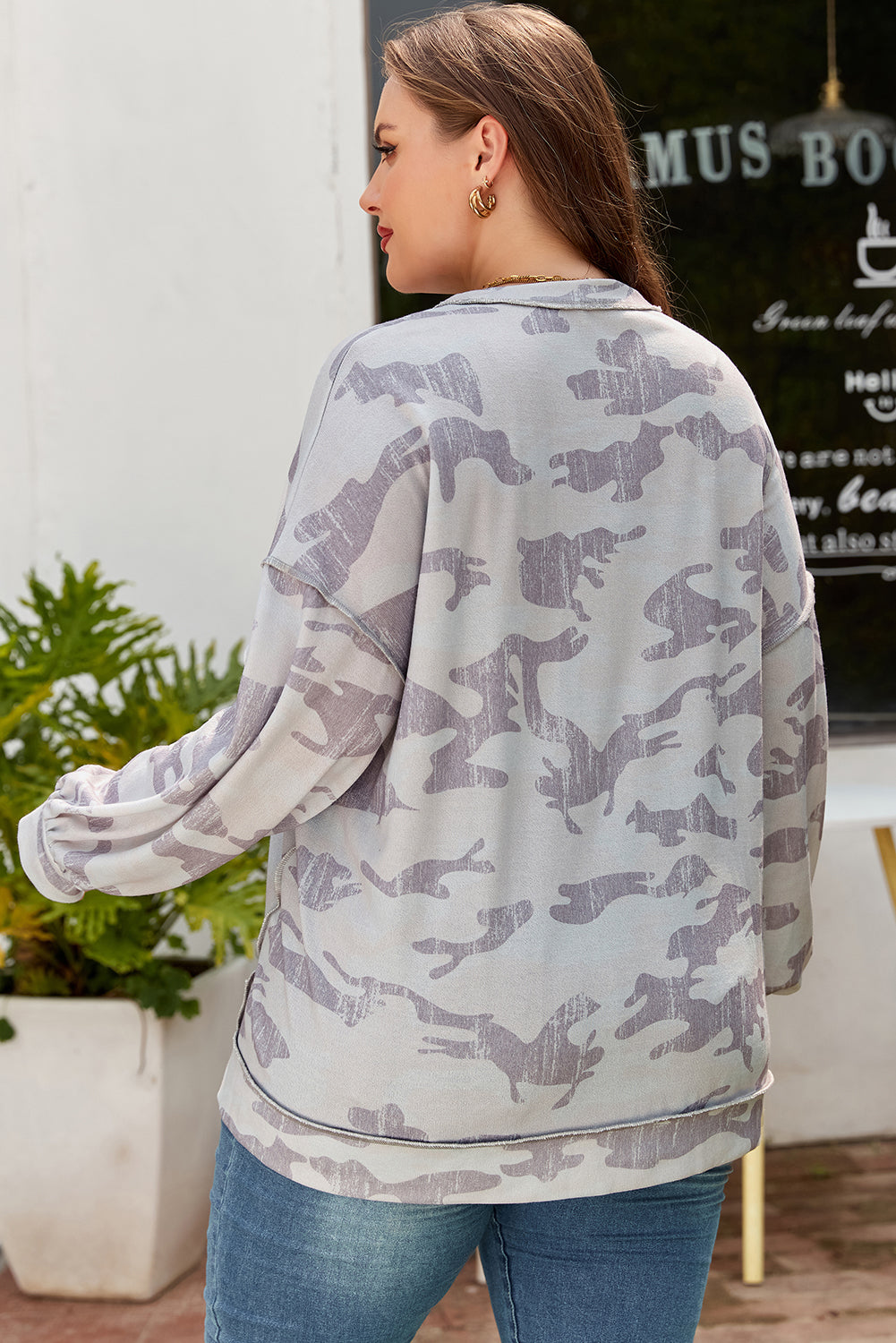 Two-Tone Grey Camo Print Round Neck Sweatshirt | Plus Size | 1X–4X