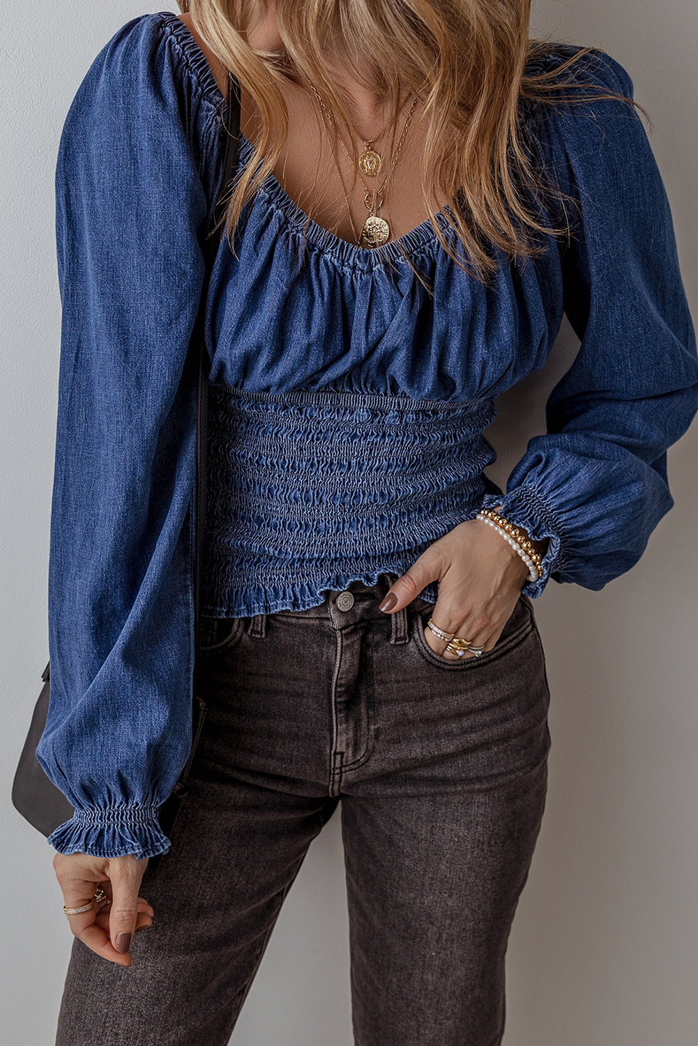 Smocked Ruffled Puff Sleeve V-Neck Denim Blouse – Dark Blue Women S–XL