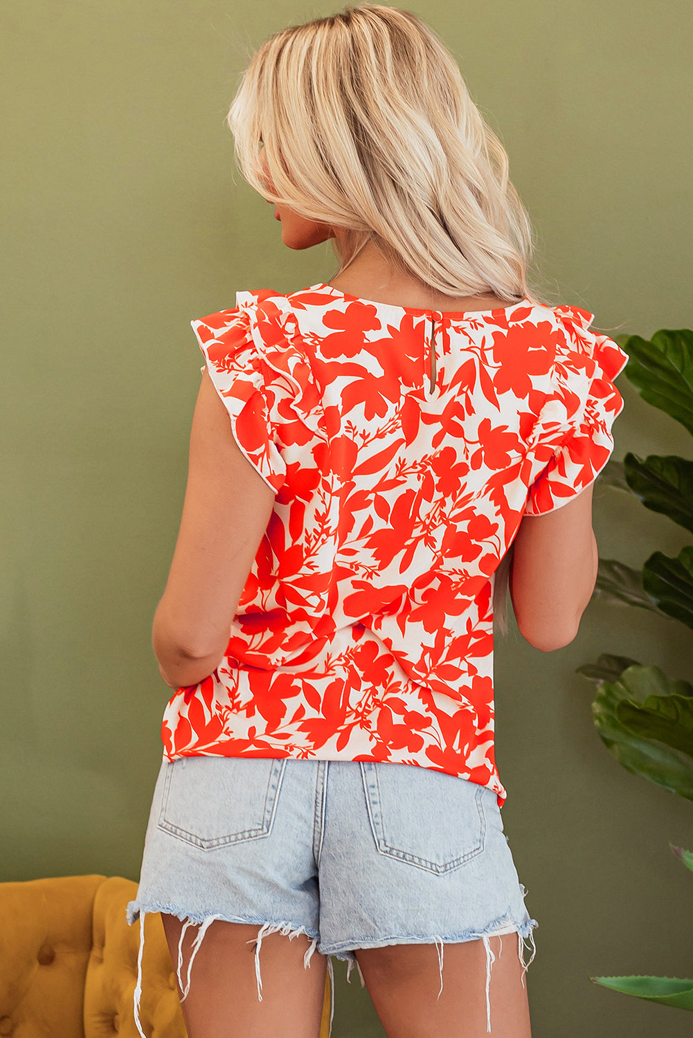 Orange Floral Print Ruffle Sleeve Back Keyhole Top – Women's Chic Casual Blouse (S–XL)