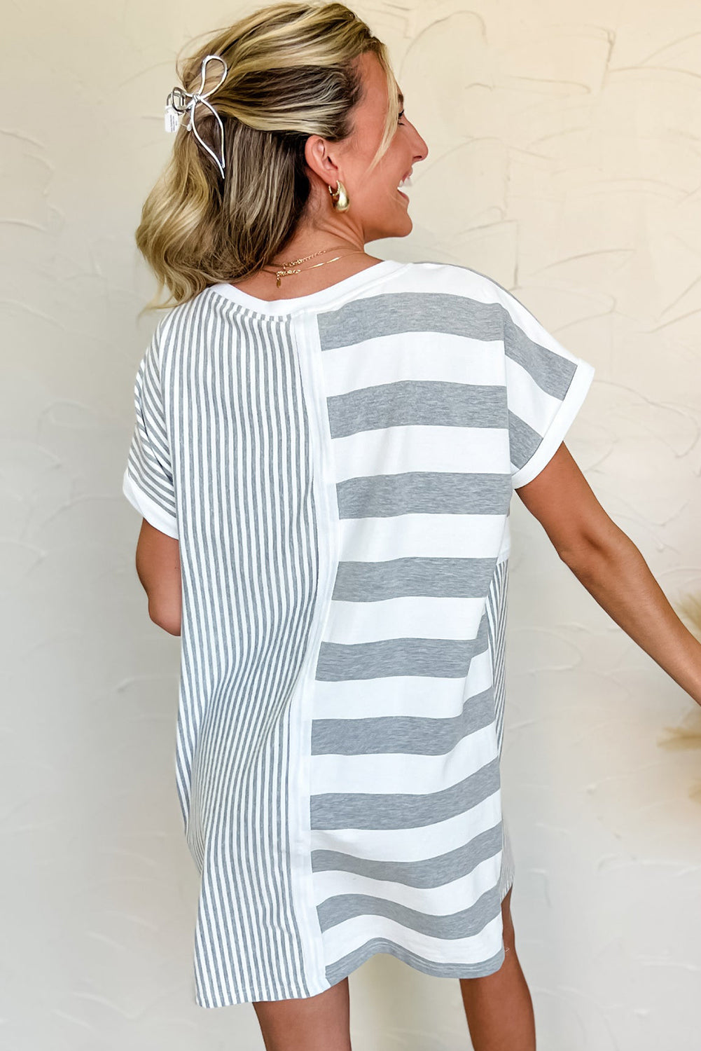 Grey Stripe Mixed Print Short Sleeve Shift Mini Dress | S–XL