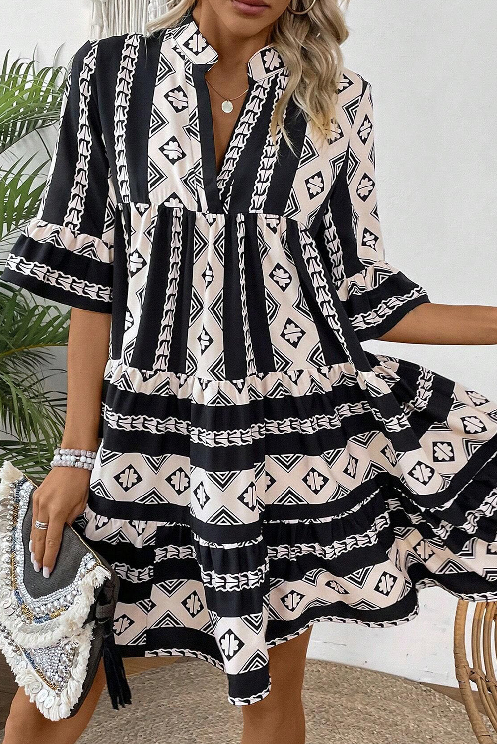 Geometric Print V-Neck Ruffle Sleeve High Waist Dress | Black | S–XL