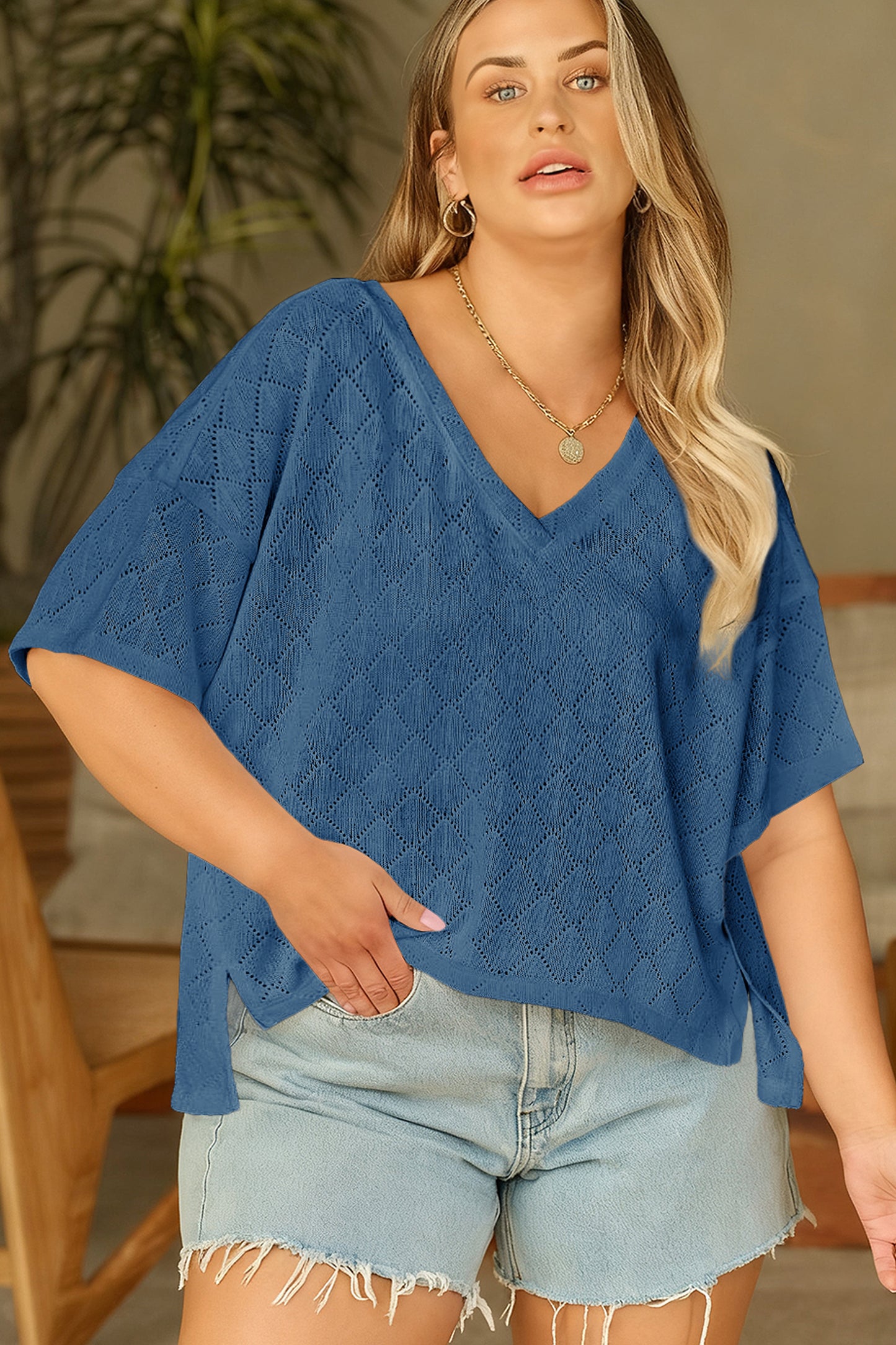 Lightweight Knit V-Neck Short Sleeve Top – Plus Size Black Light Pink Beige Blue L–4X