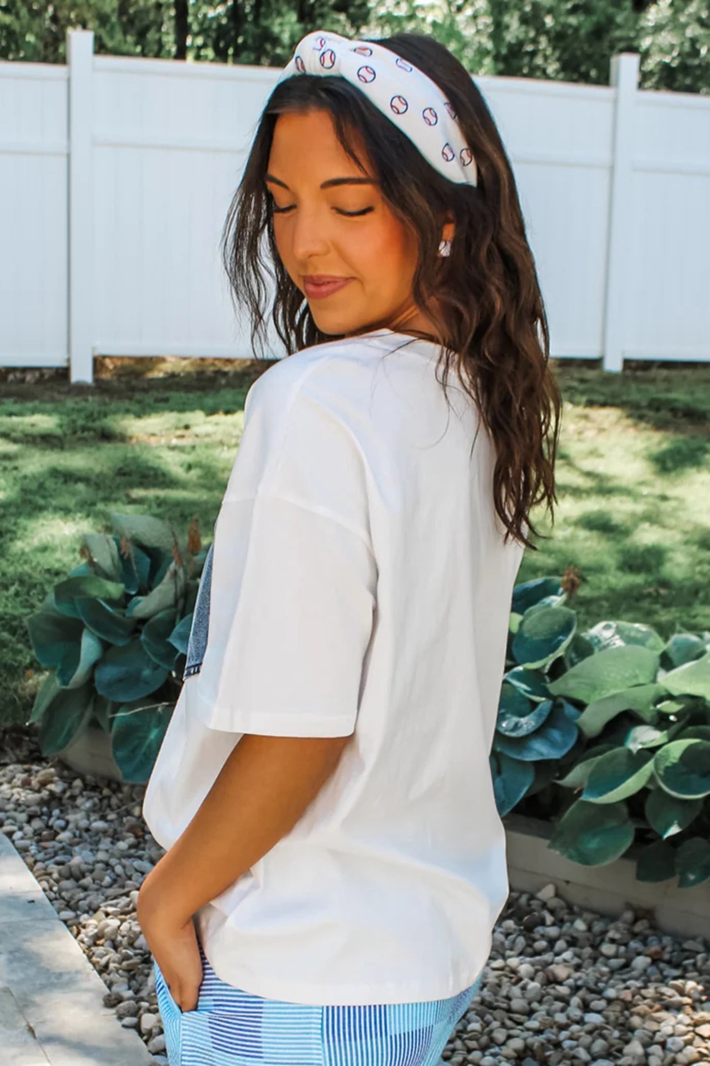 Color Block Short-Sleeve Top with Printed Patch Pocket | Sail Blue & White