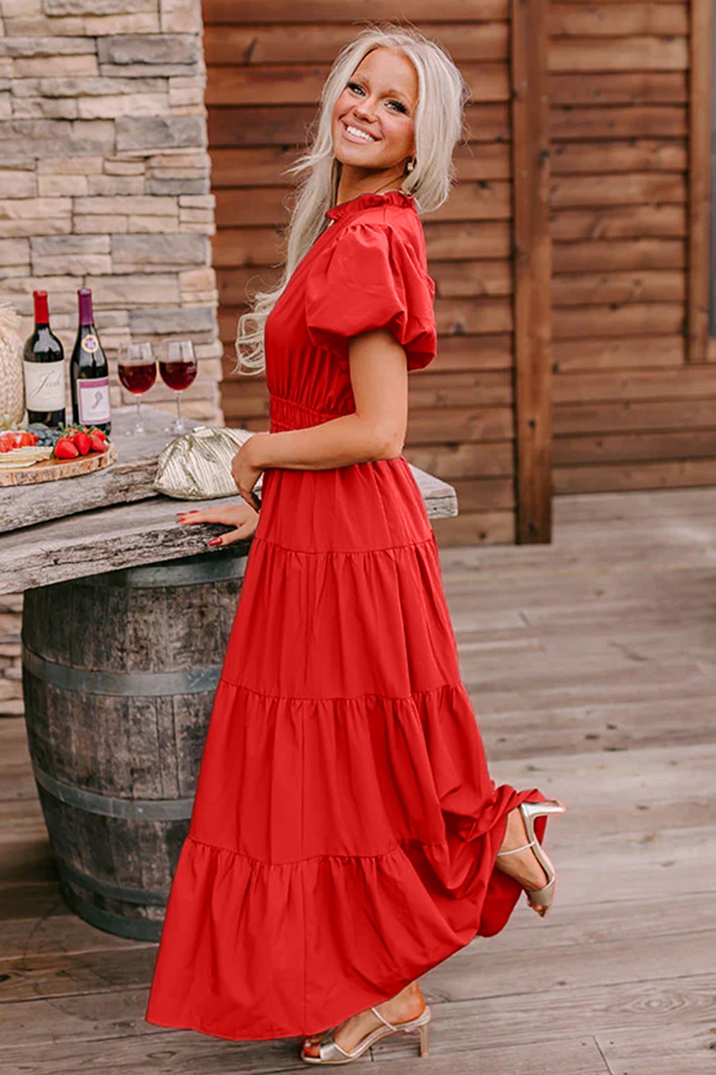 V-Neck Puff Sleeve High Waist Tiered Maxi Dress | 5 Colours | S–XL
