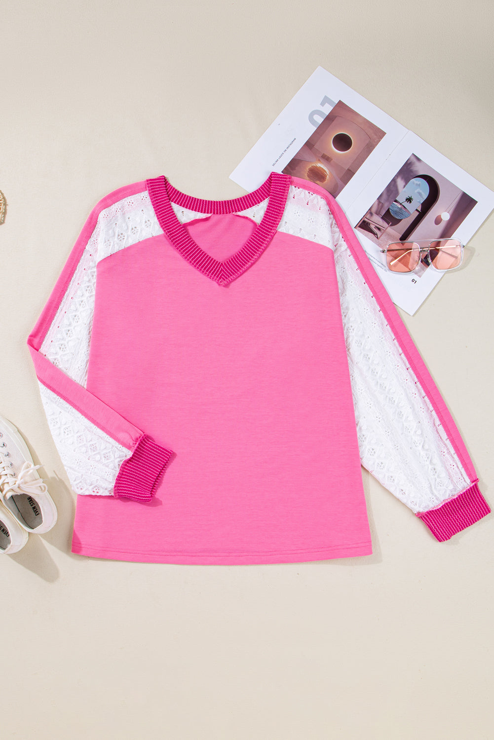 Pink Lace Sleeve V-Neck Top Plus Size Women 1X–4X