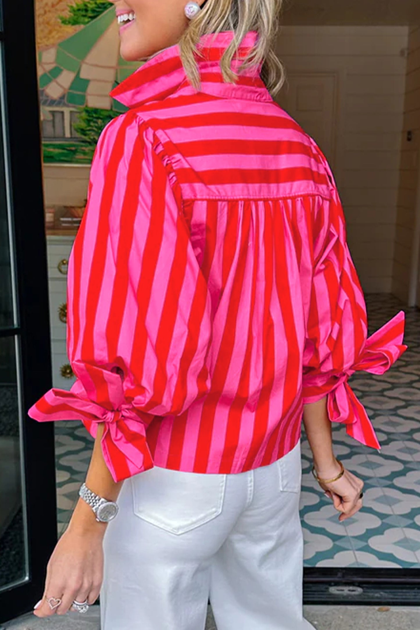 Womens Puff Sleeve Striped Blouse S–XL