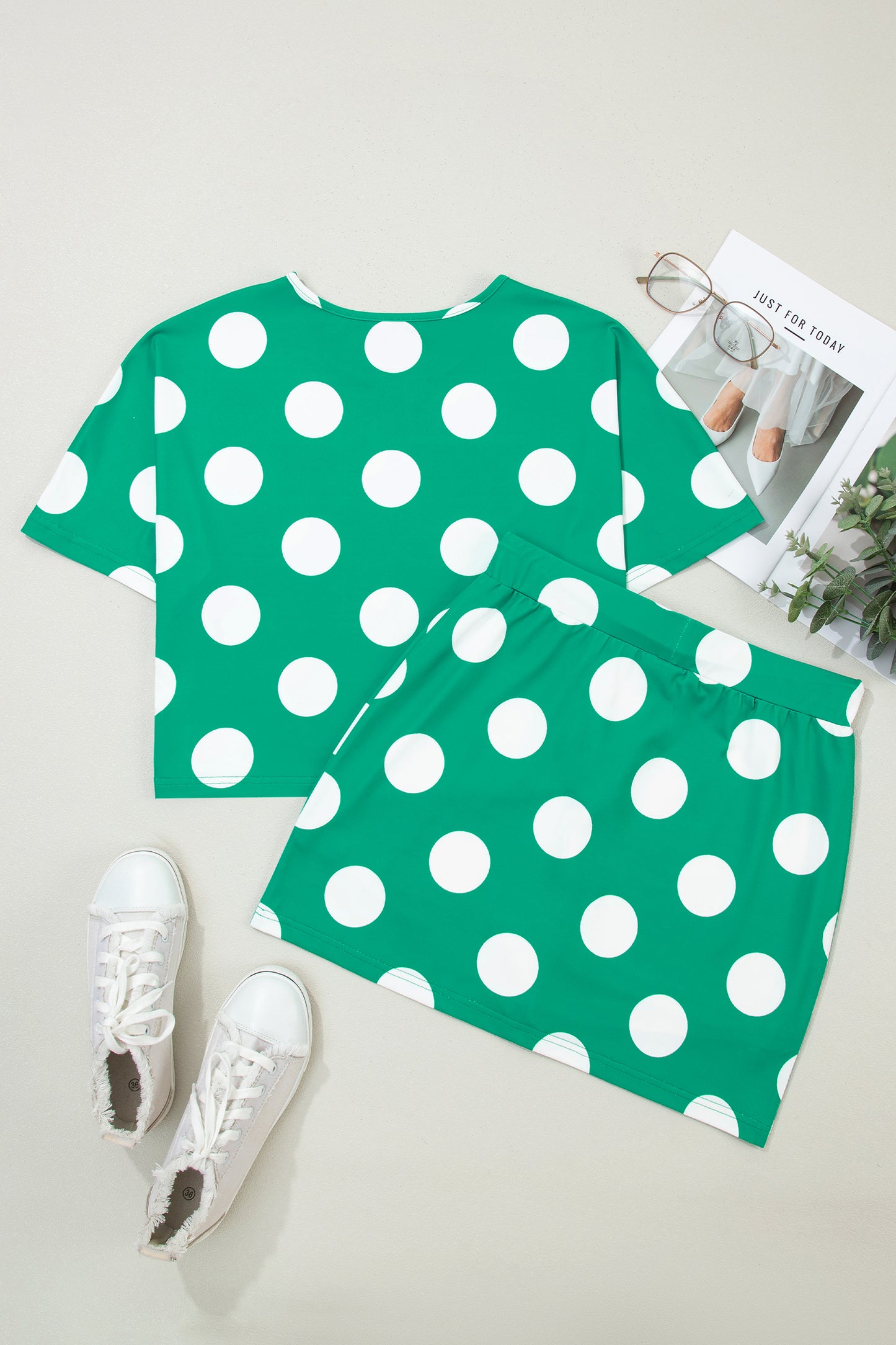 Green Polka Dot Crop Top and Bodycon Skort Set Women S–XL