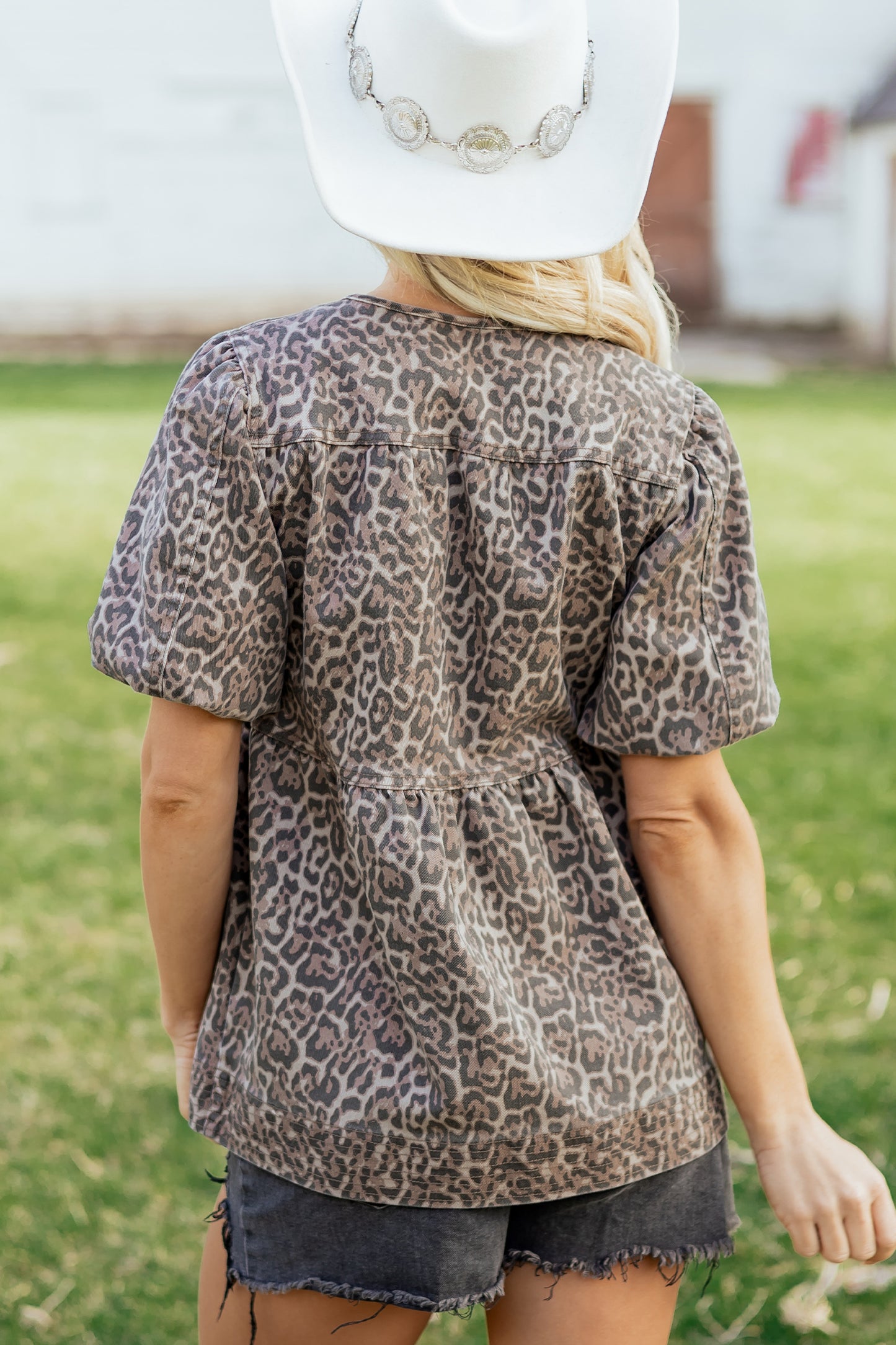 Babydoll Top Leopard Print Puff Sleeve Tie-Neck Denim Women S–XL