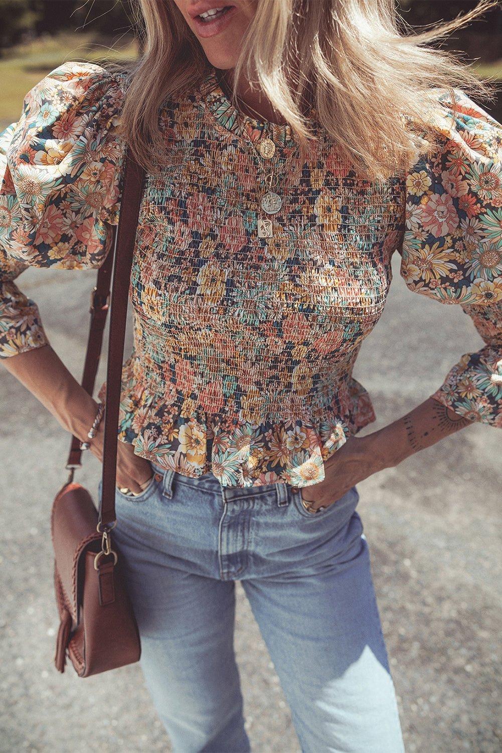 Multicolor Floral Print Smocked Bubble Sleeve Ruffled Crop Top