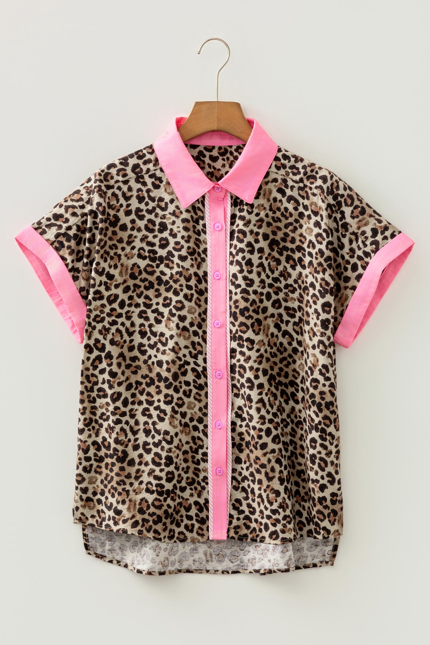 Leopard Print Contrast Trim Button-Up Short Sleeve Shirt