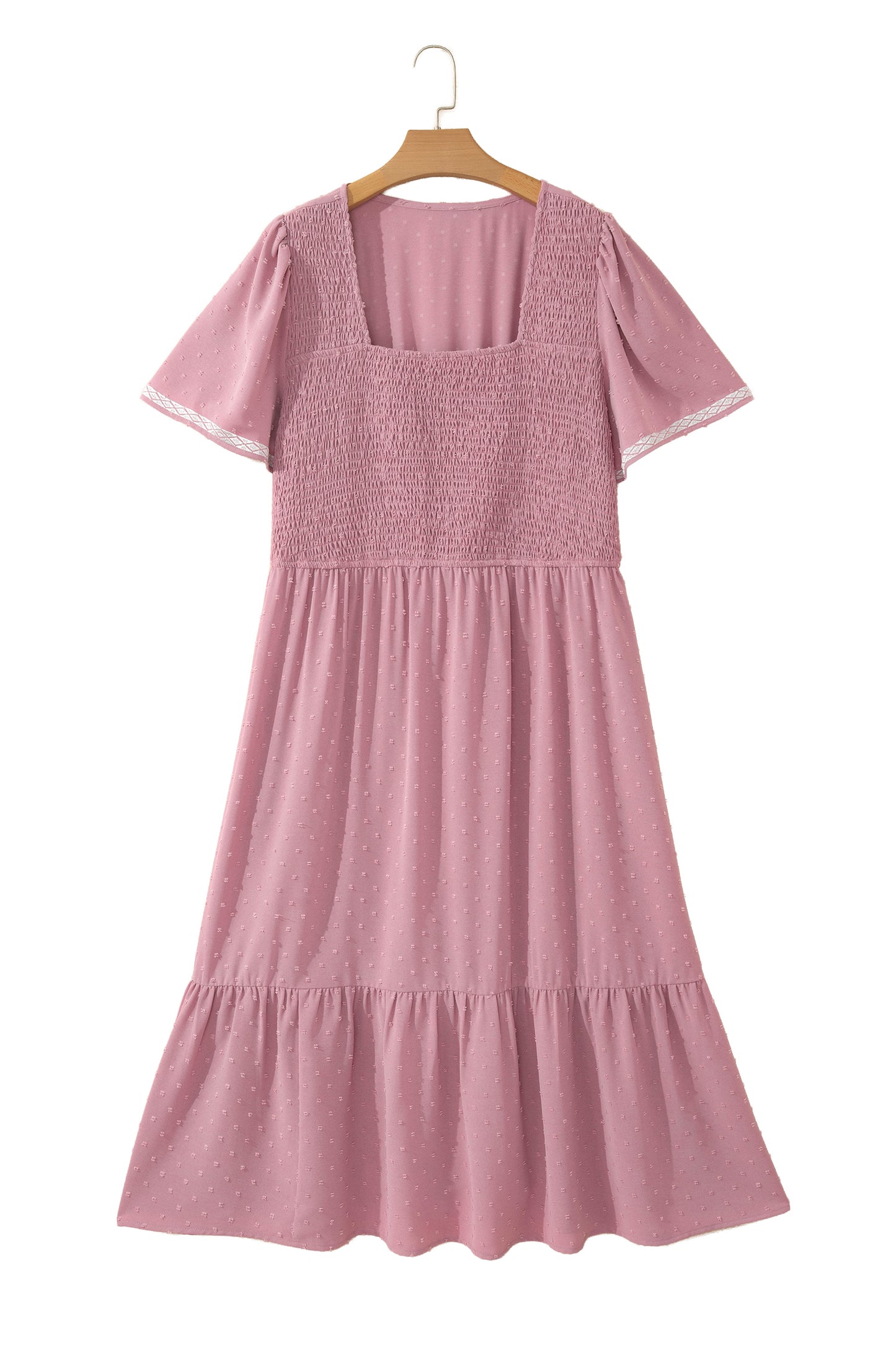 Plus Size Swiss Dot Smocked High Waist Flowy Midi Dress Pink 1X–4X