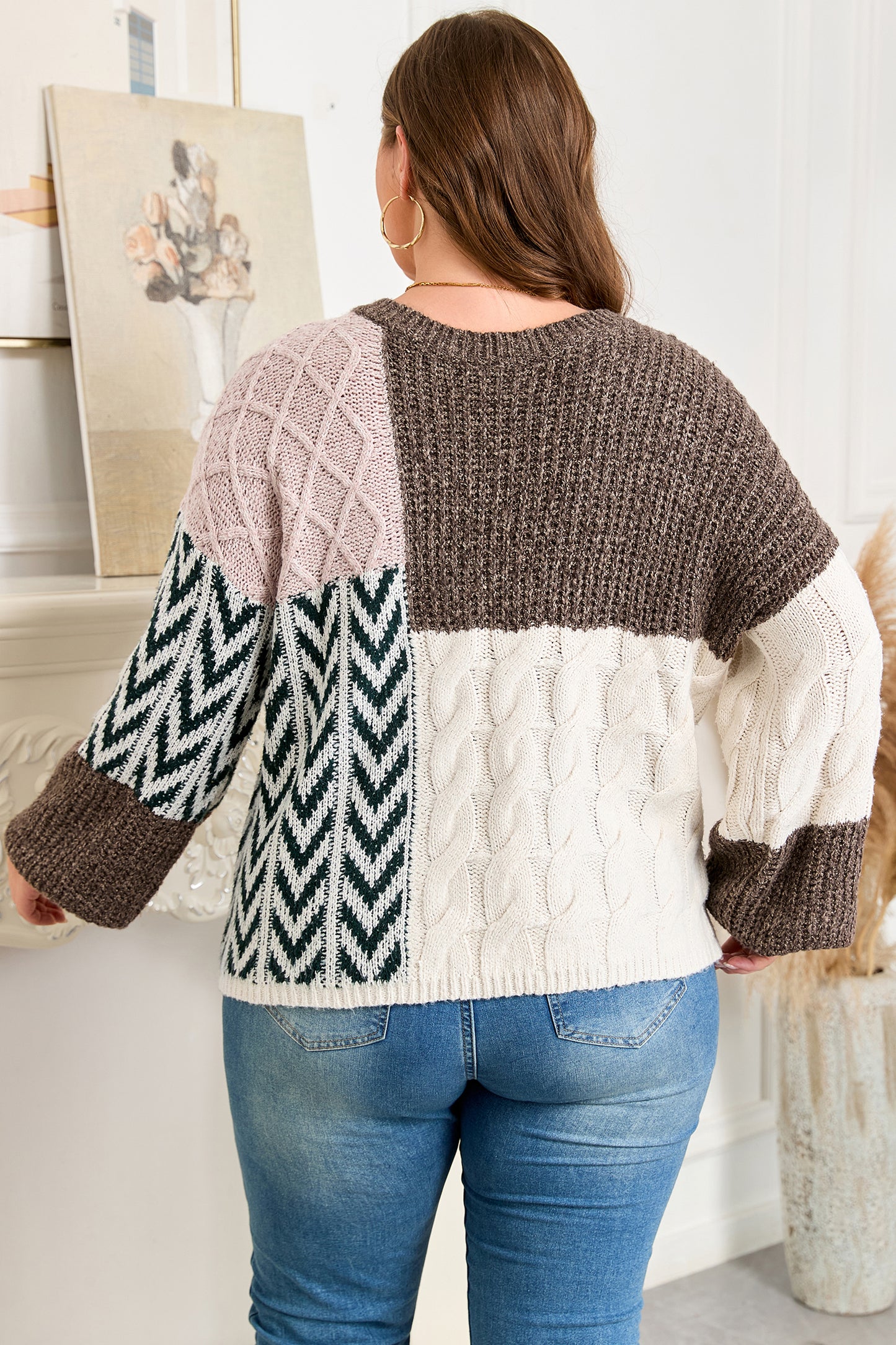 Plus Size Color Block Patchwork Sweater Women 1X–4X