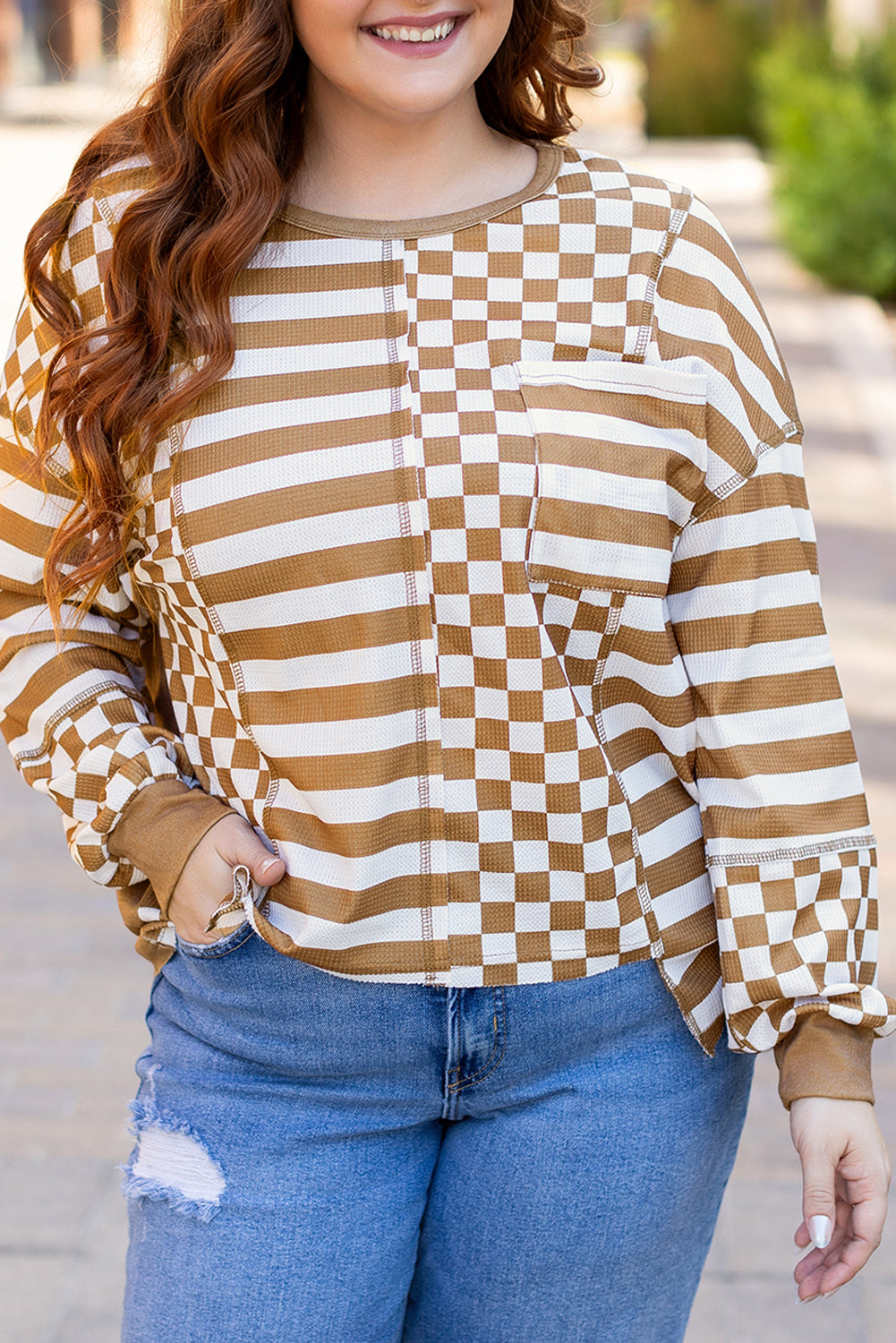 Striped Checkered Mixed Print Chest Pocket Top | Khaki | 1X–4X