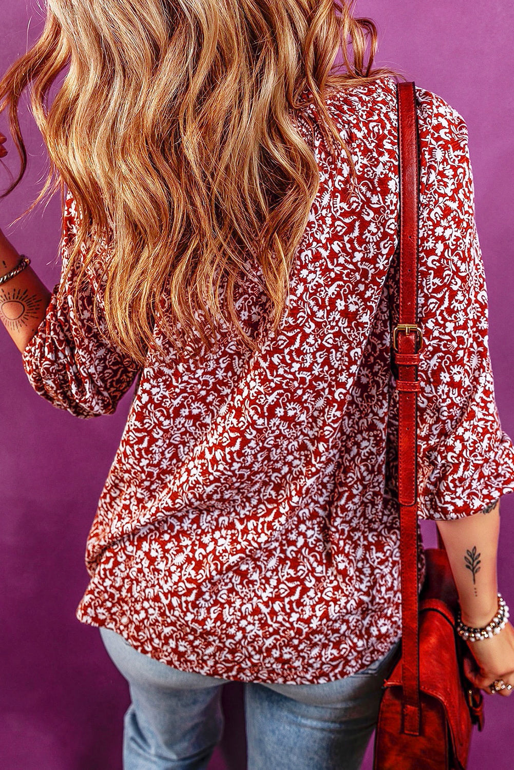 Floral Print Smocked Tie-Neck Blouse – Red Women S–XL