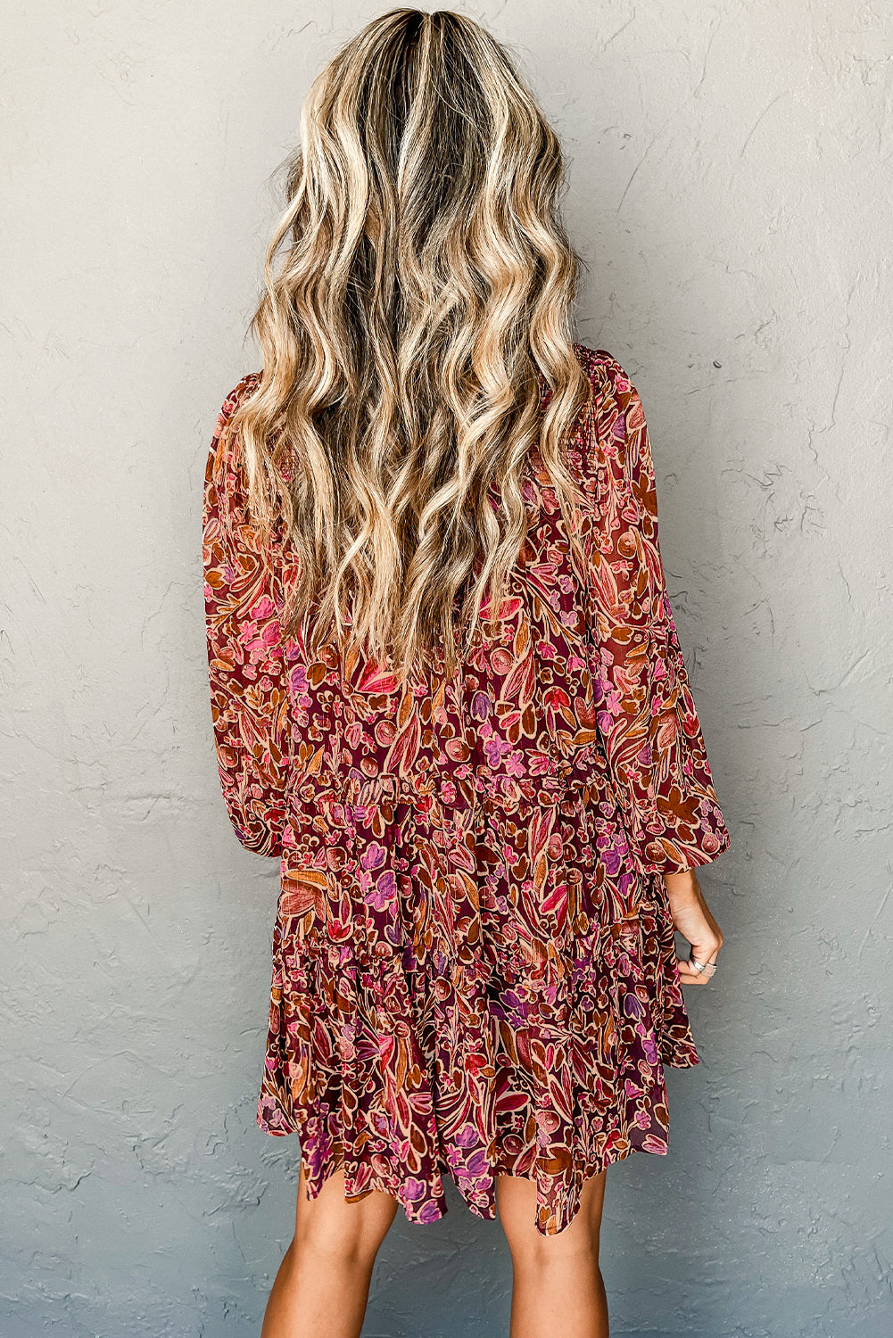 Floral Print Long Sleeve Shirred High Neck Loose Mini Dress