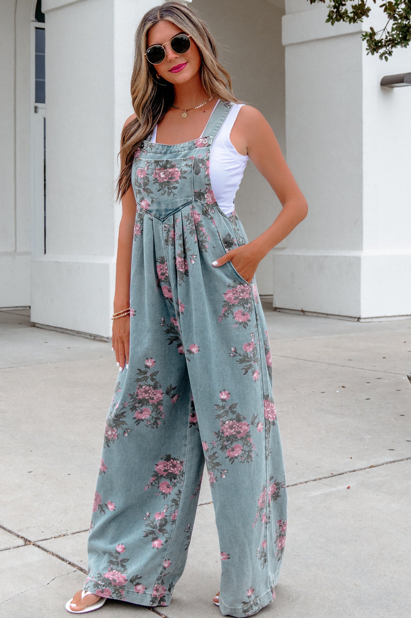 Floral Denim Wide Leg Jumpsuit Women S–XL