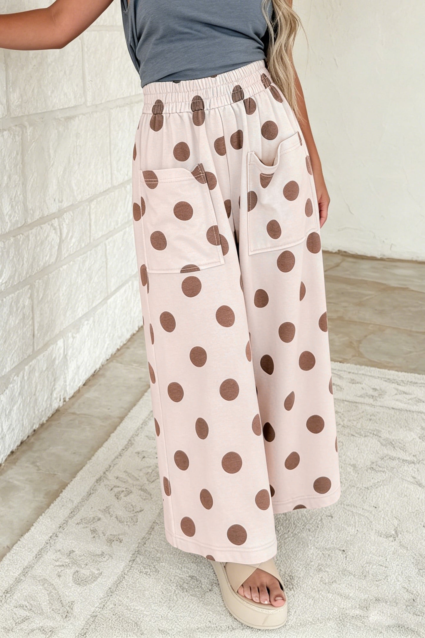 Women's Polka Dot Wide Leg Elastic Waist Pants S to XL