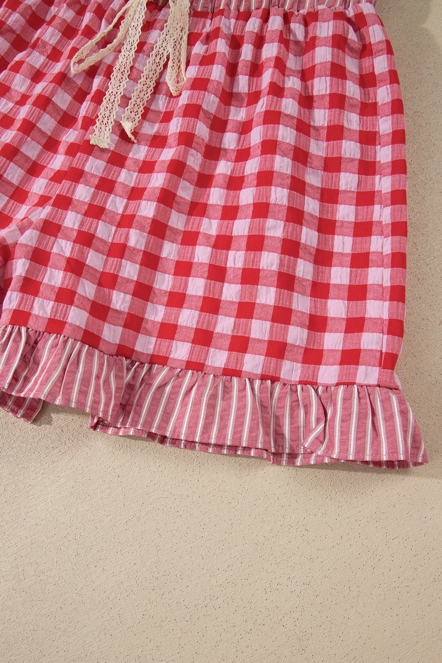 Plaid Print Ruffle Shorts with Striped Detail & Lace Tie | Women S–XL
