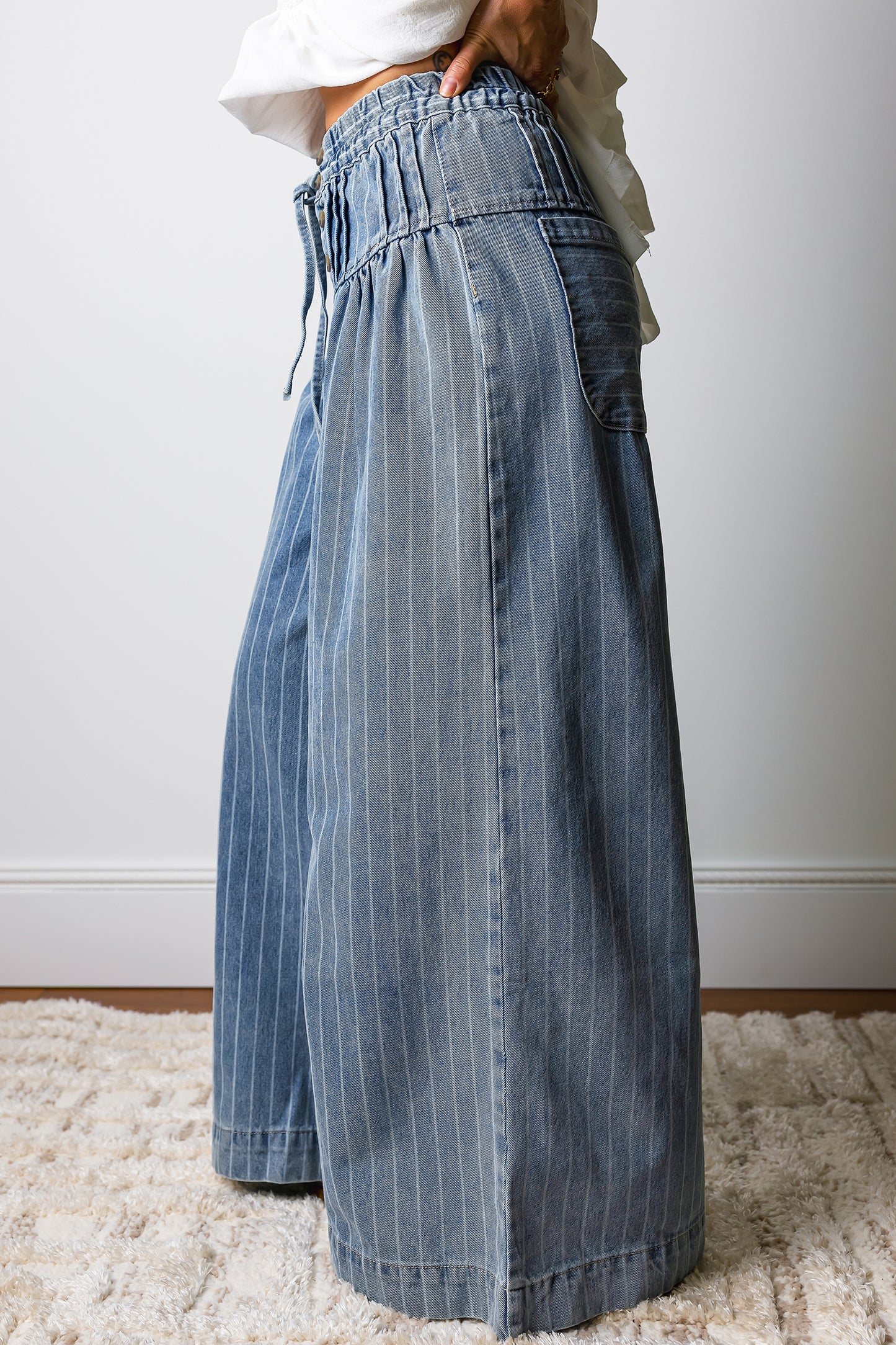 Blue Stripe Button Detail Drawstring Wide Leg Jeans – Women Sizes 4–16