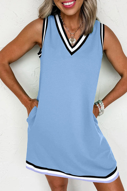 Contrast Stripe Trim V-Neck Sleeveless Shift Mini Dress in Sky Blue