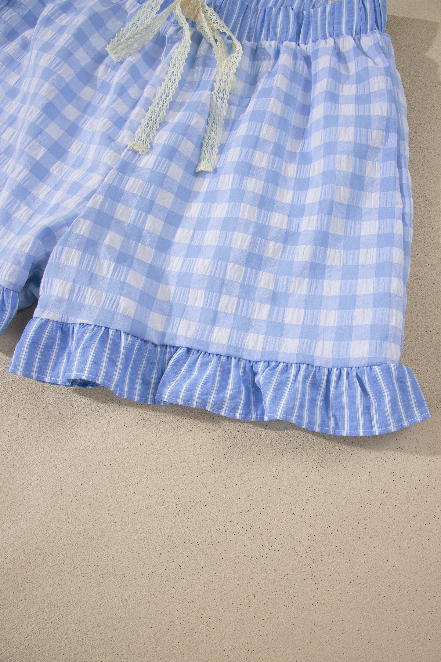 Plaid Print Ruffle Shorts with Striped Detail & Lace Tie | Women S–XL