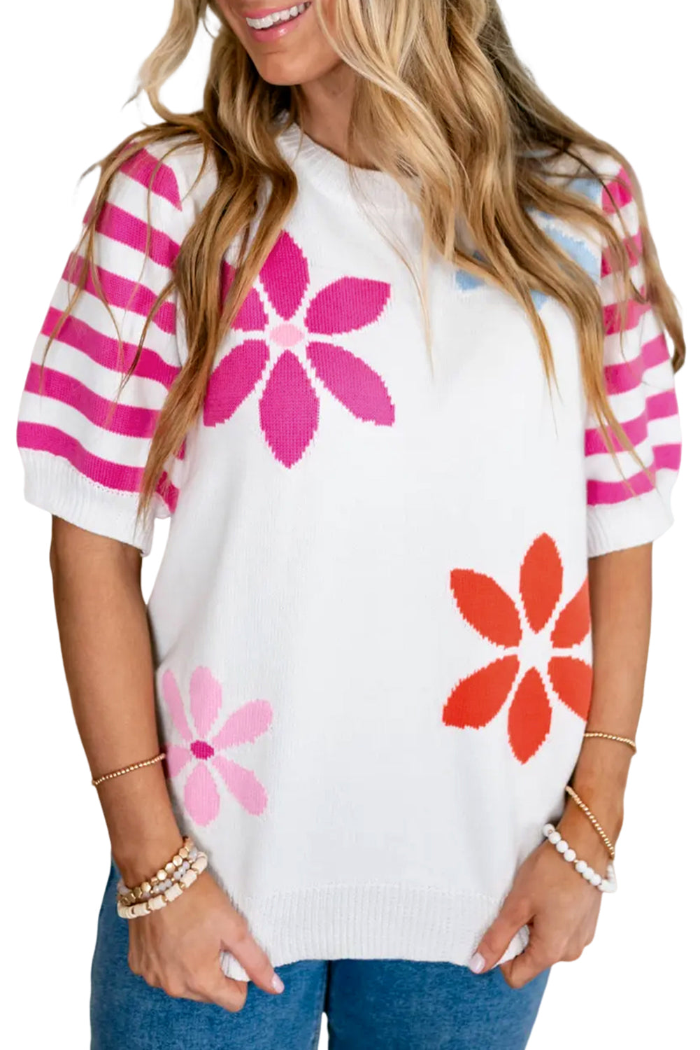 White Floral Pattern Striped Sleeve Sweater T-Shirt