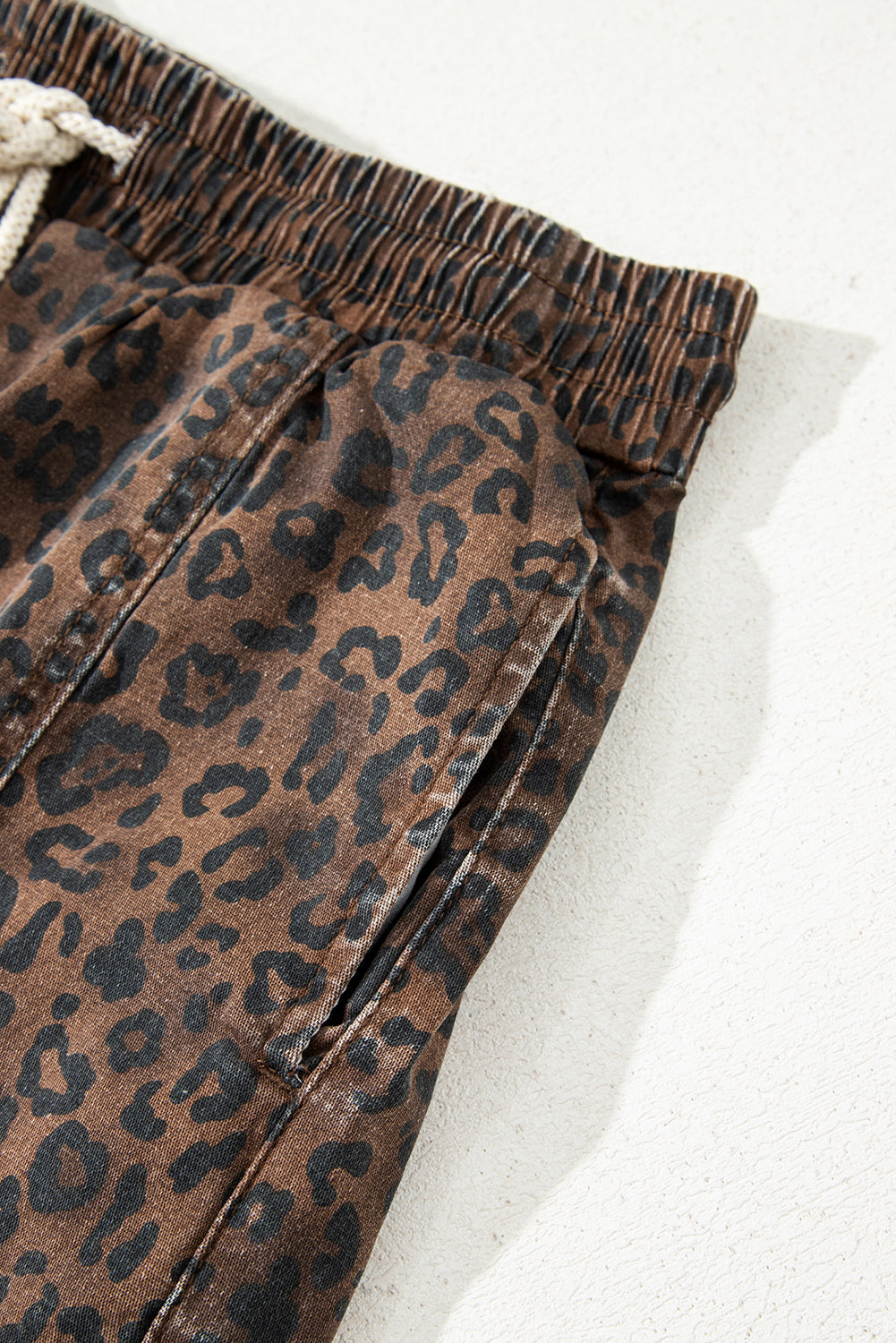 Brown Leopard Print Drawstring Elastic Waist Denim Skort