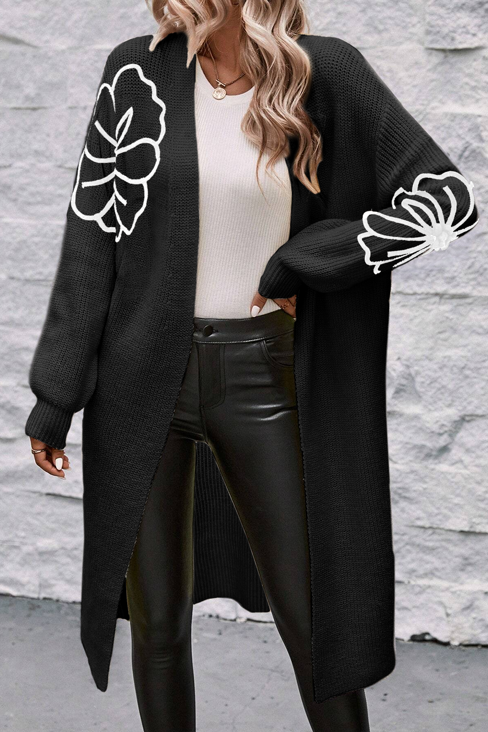 Black Floral Embroidered Duster Cardigan Women S–3XL