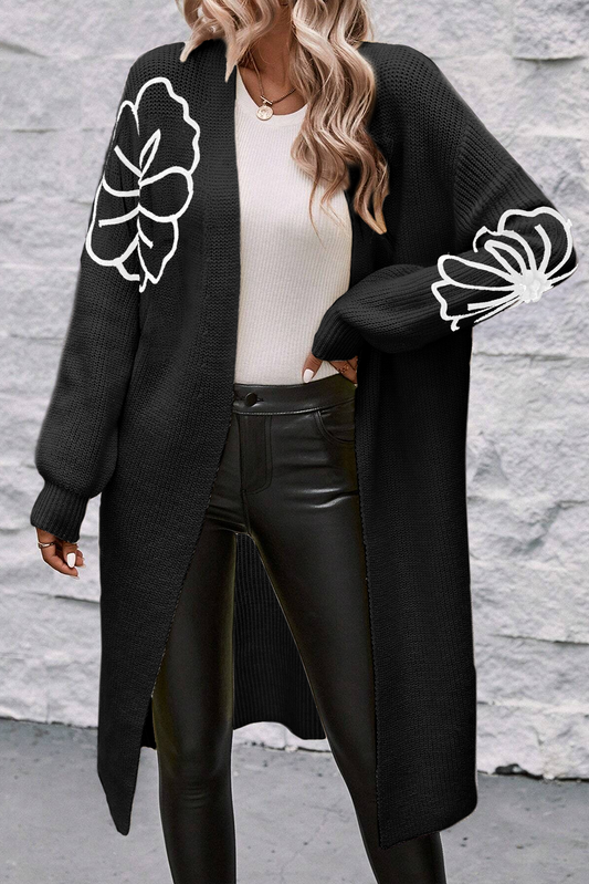 Black Floral Embroidered Duster Cardigan Women S–3XL