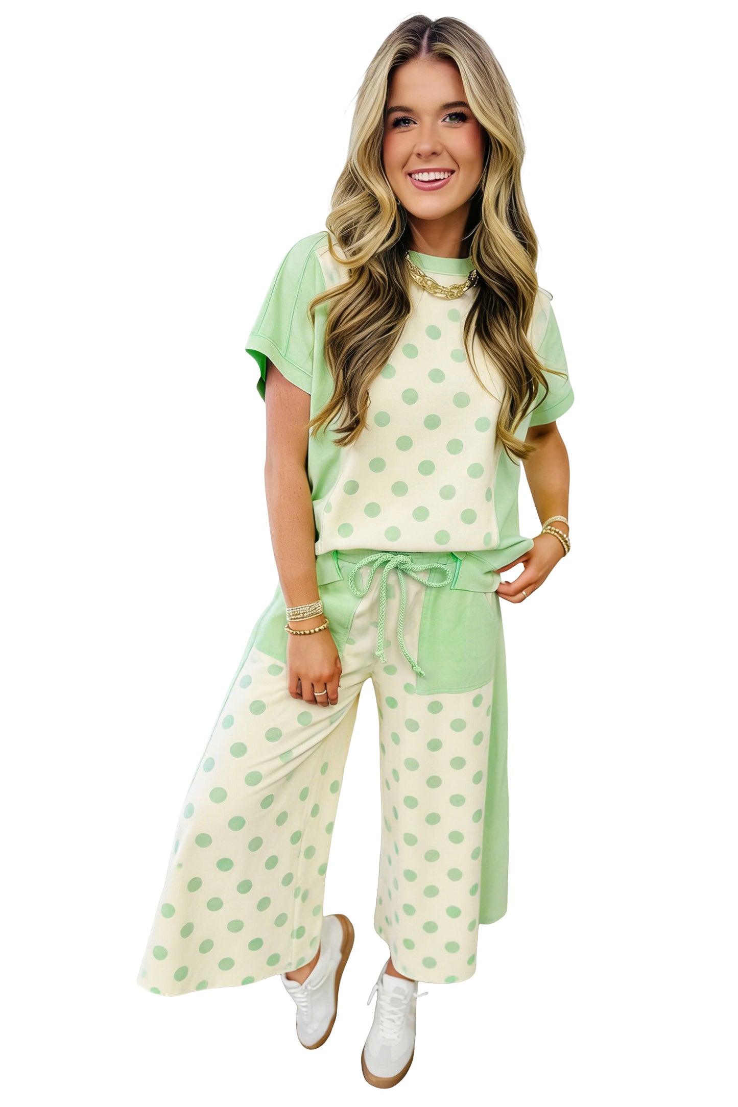 Womens Polka Dot Cropped Wide Leg Pant Set S–XL