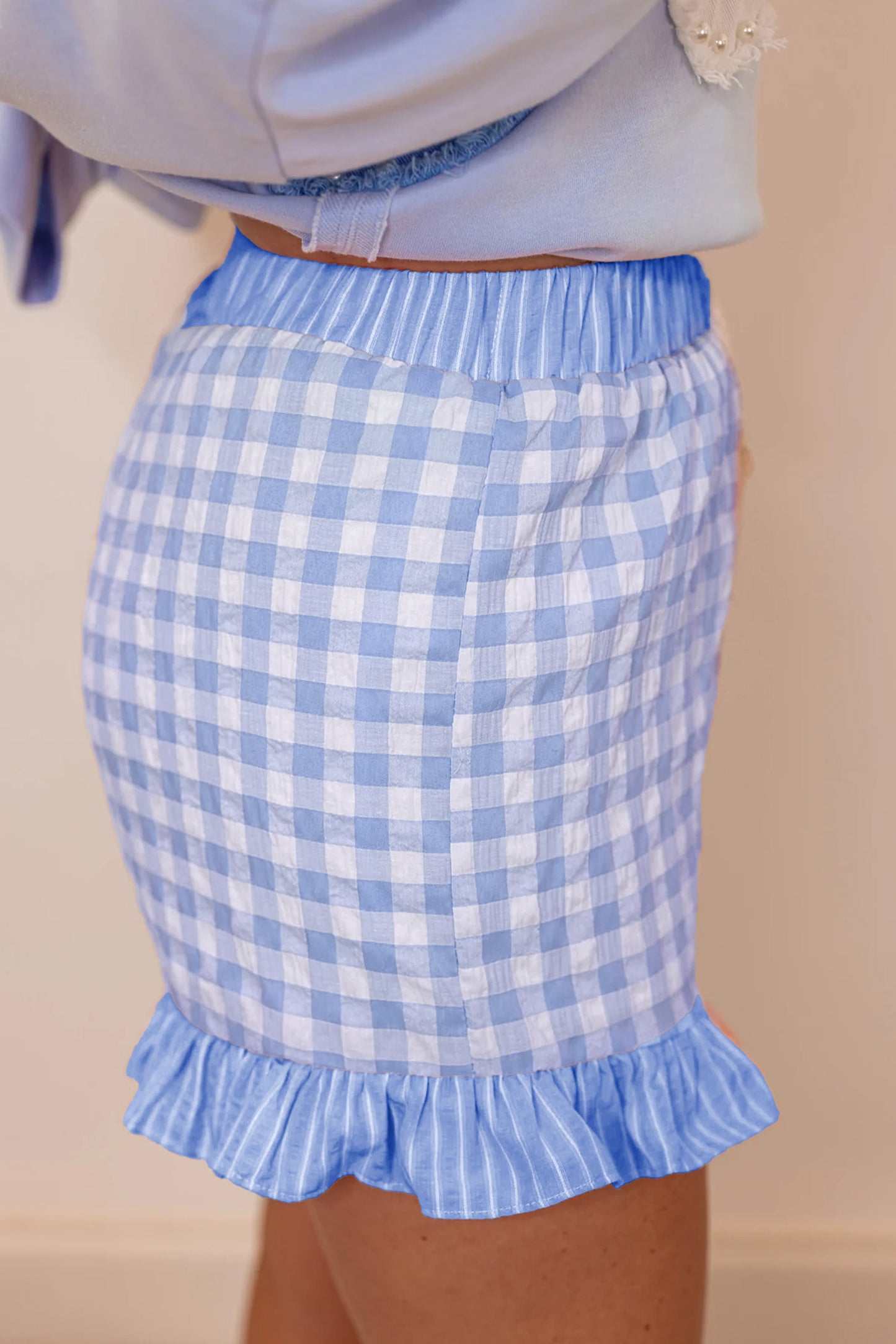 Plaid Print Ruffle Shorts with Striped Detail & Lace Tie | Women S–XL