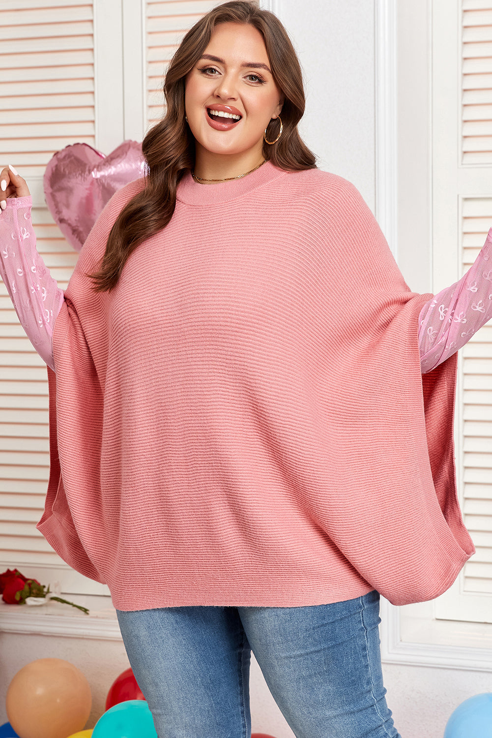 Ribbed Knit Poncho Style Sweater | Plus Size | Light Pink | 1X–4X